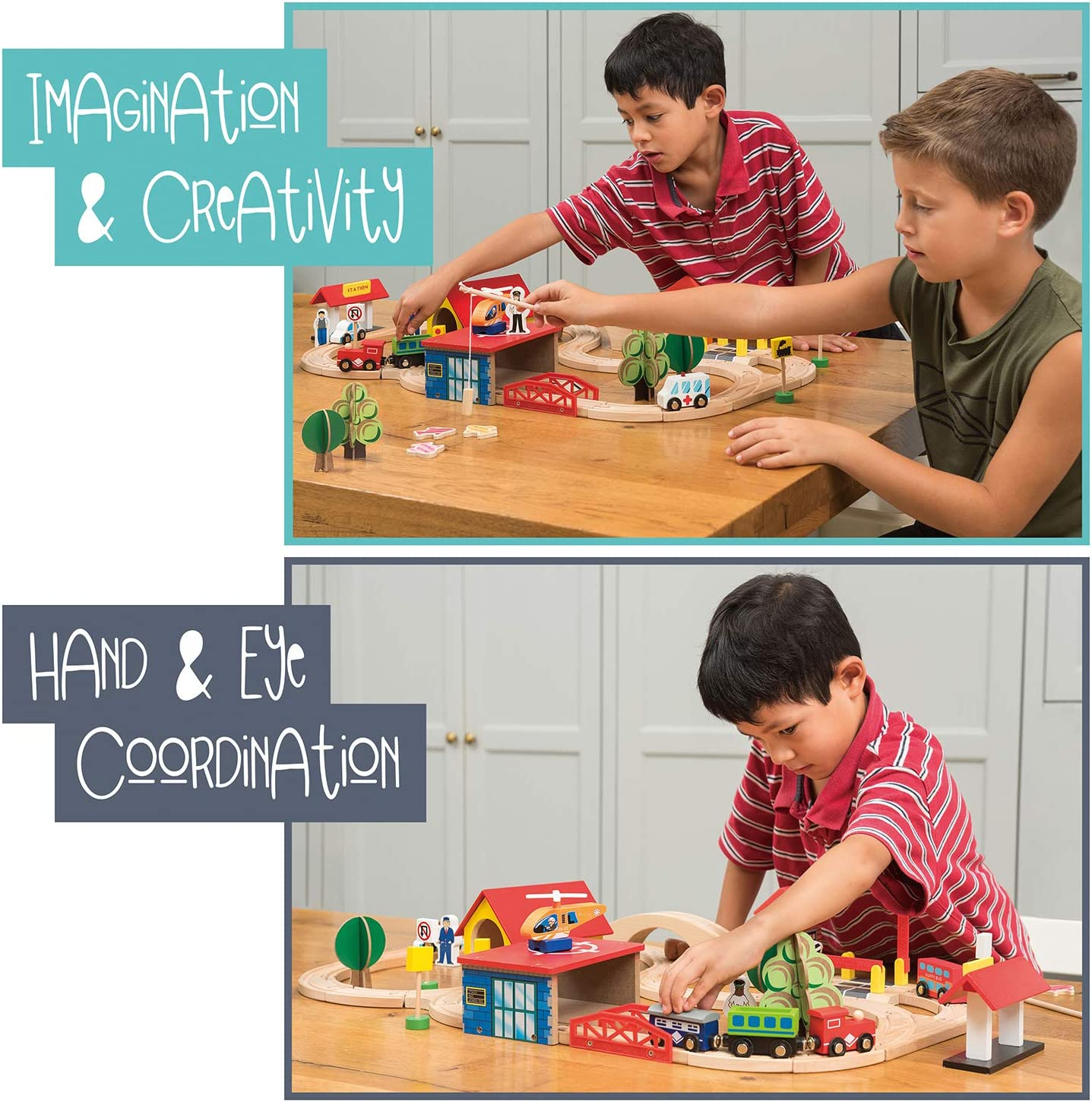 Wooden Train Tracks Set for Kids, Toddler Boys and Girls 3, 4, 5 Years Old and up - 69 Pieces &ndash; Premium Wood Construction Toys - Fits Thomas, Brio, IKEA, Imaginarium, Melissa and Doug