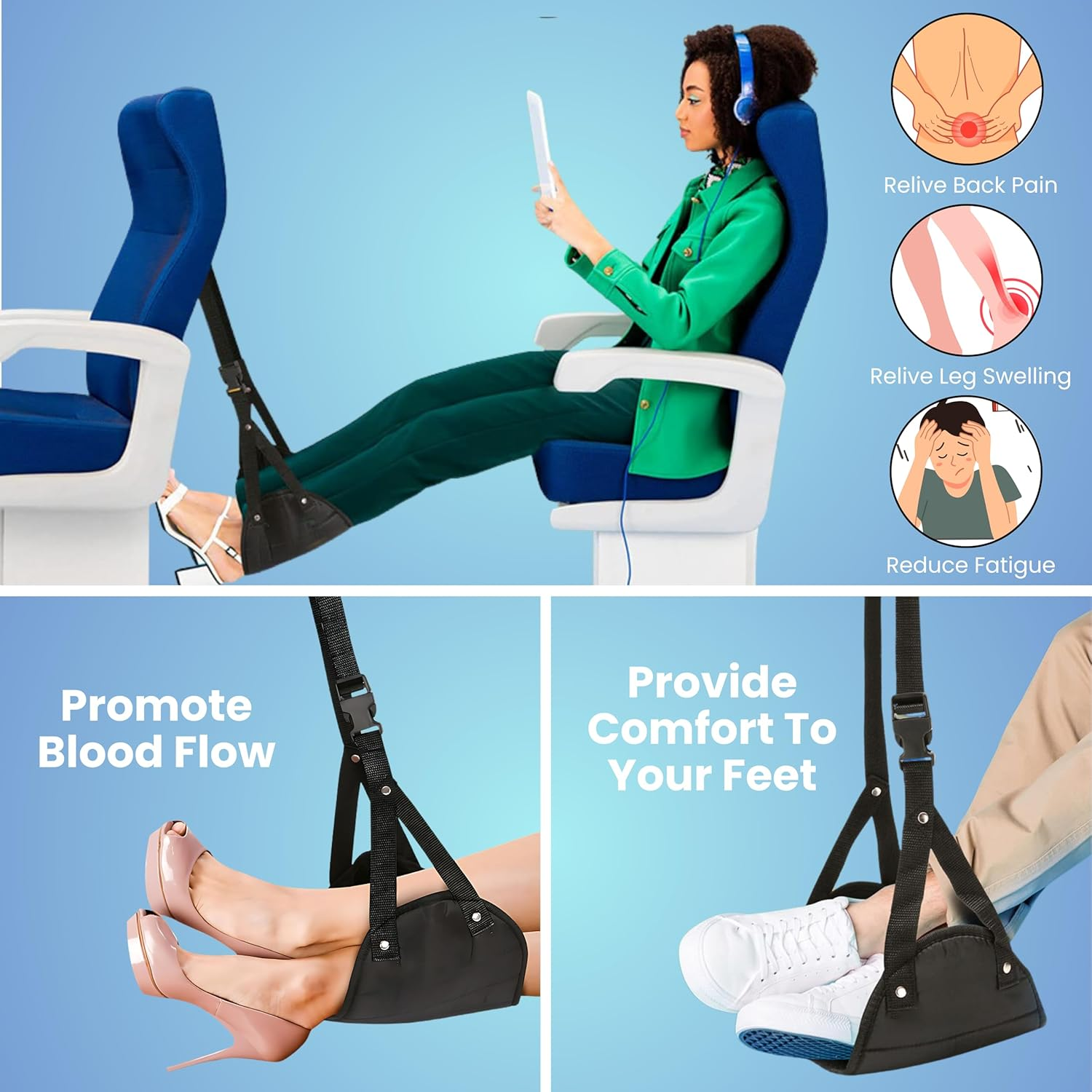 Foot Hammock for Plane or Travel Pillow - Airplane Foot Hammock and Plane Foot Rest - Ultimate Travel Accessories with Sleep Mask and Ear Plugs (One Pack) image number 2