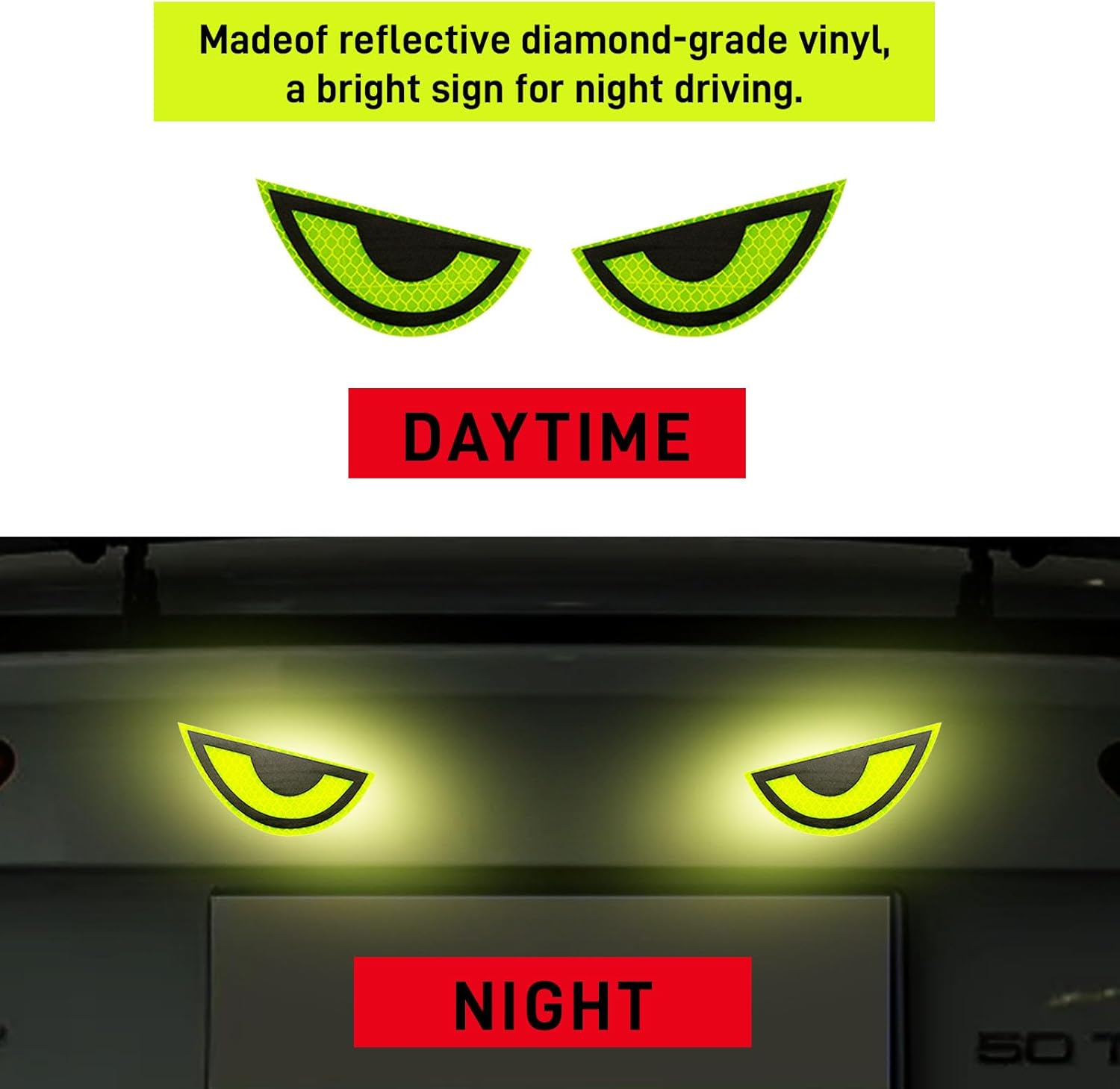 Usoway 1 Pack Car Stickers Reflective Decal, Sharp Eyes Stickers, Motorcycle Helmet Stickers Decals, Yellow Night Safety Driving Caution Decal, for Bumpers, Window, Laptop, Wall (Yellow) Reflective 4"", XHUS007-1 image number 2