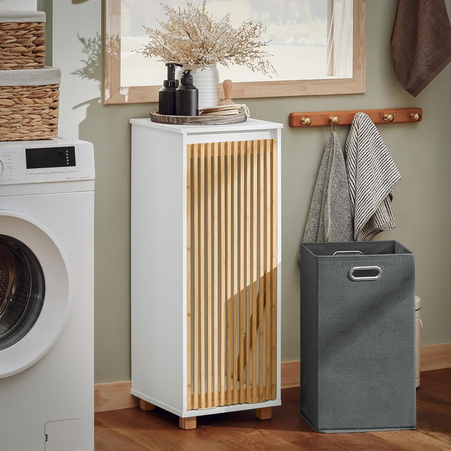 Sobuy Bathroom Storage Furniture Cabinet with Laundry Chest Bathroom Cupboard with Bamboo Door BZR126-W image number 1