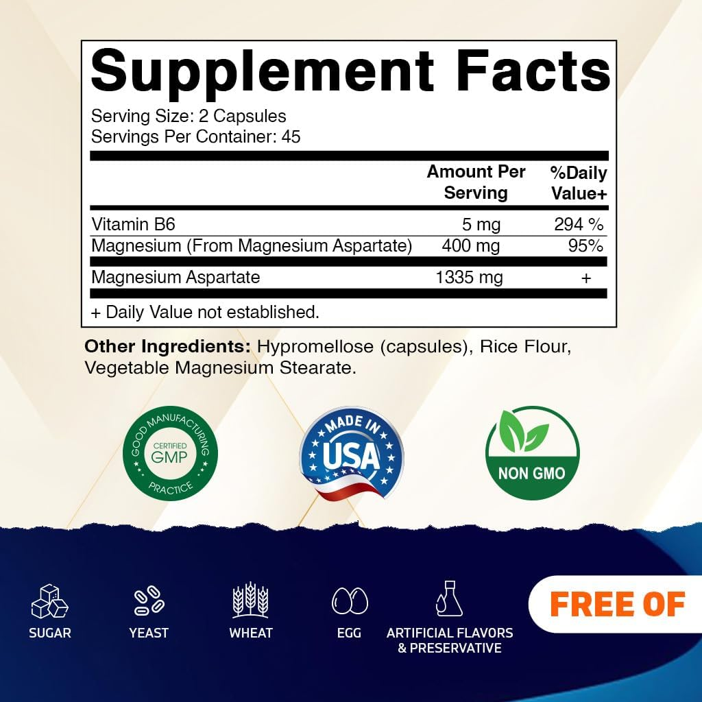 Vitamatic Magnesium Aspartate 400Mg per Serving - 90 Vegetarian Capsules - Added B6 for Maximum Absorption - Supports Muscle, Joint, and Heart Health* image number 4
