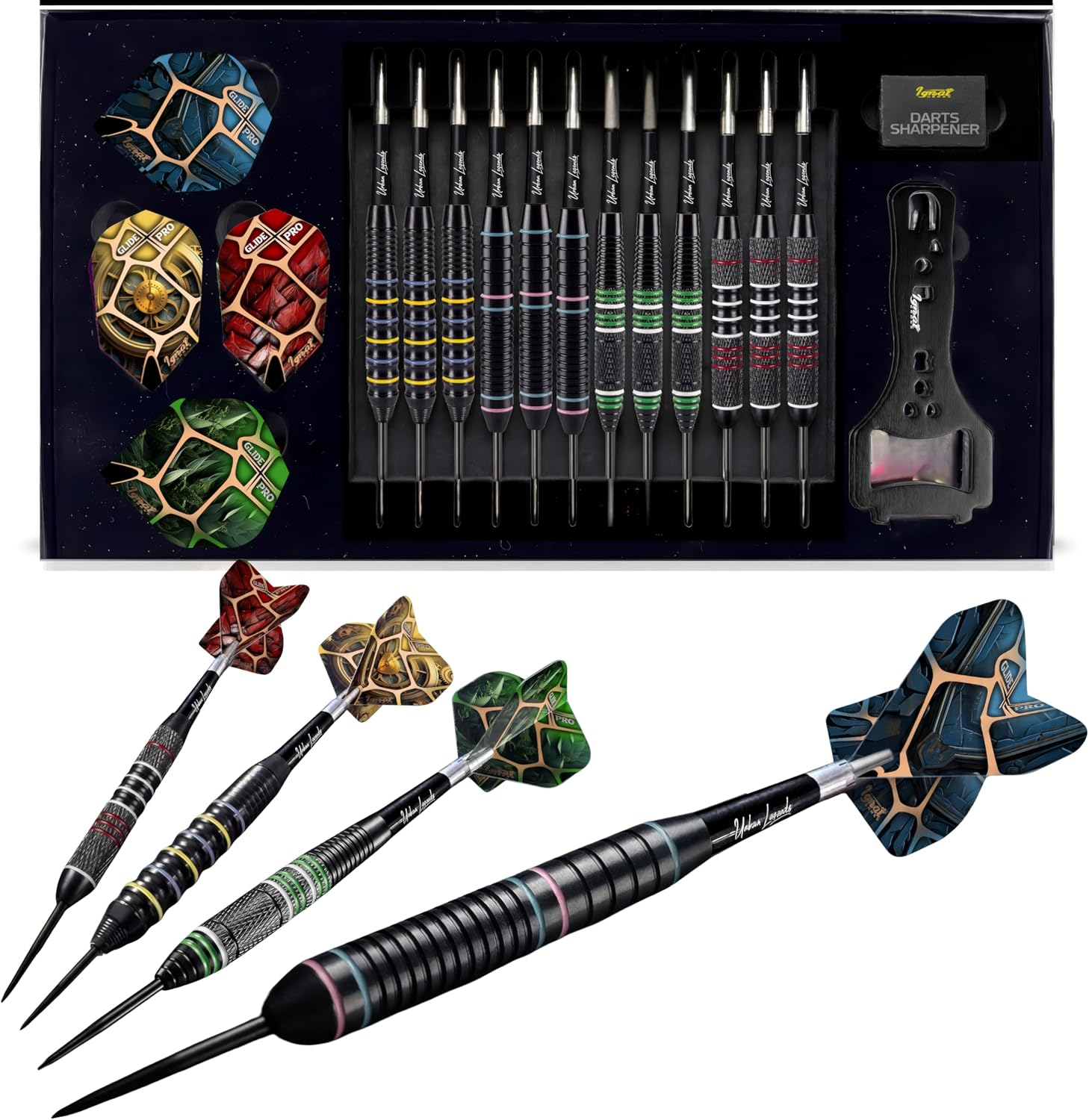 Ignatgames Premium Steel Tip Darts &ndash; 3/6/12 Pack Brass Barrels with Aluminum Shafts, 16 Glidexpro Flight Set, Tool Kit & Giftable Case