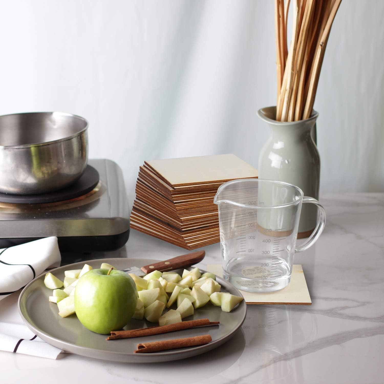 Unfinished Wood Pieces 50 Pcs 4X4 Inch Wooden Cutout Tiles Blank Wood Slices Wooden Squares for DIY Crafts Home Decoration Painting Staining Unfinished Wood Cup Coasters image number 6