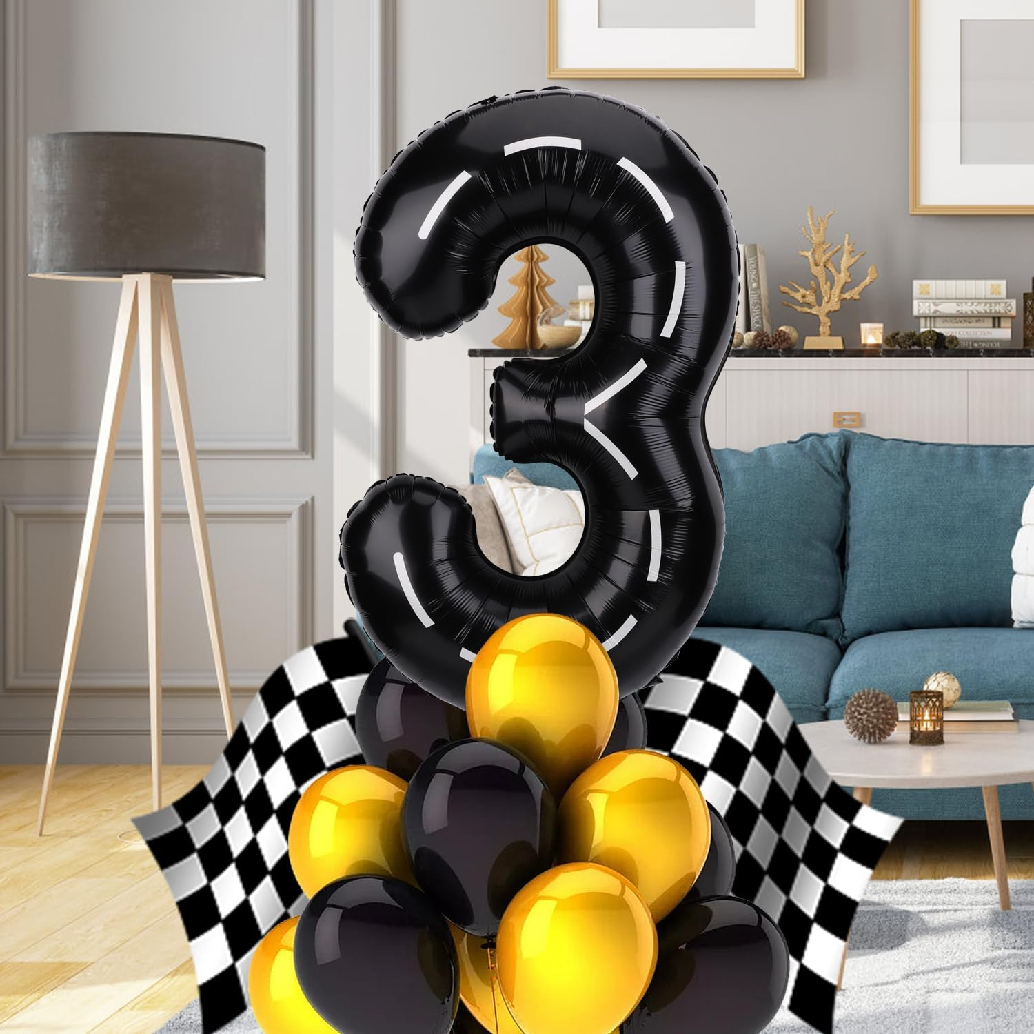 Race Car Balloon Number, 40 Inches Large Black Racetrack Number Balloon Race Car Birthday Balloons Race Car Theme Party Decorations for Boys' Birthday Party Baby Shower (3)