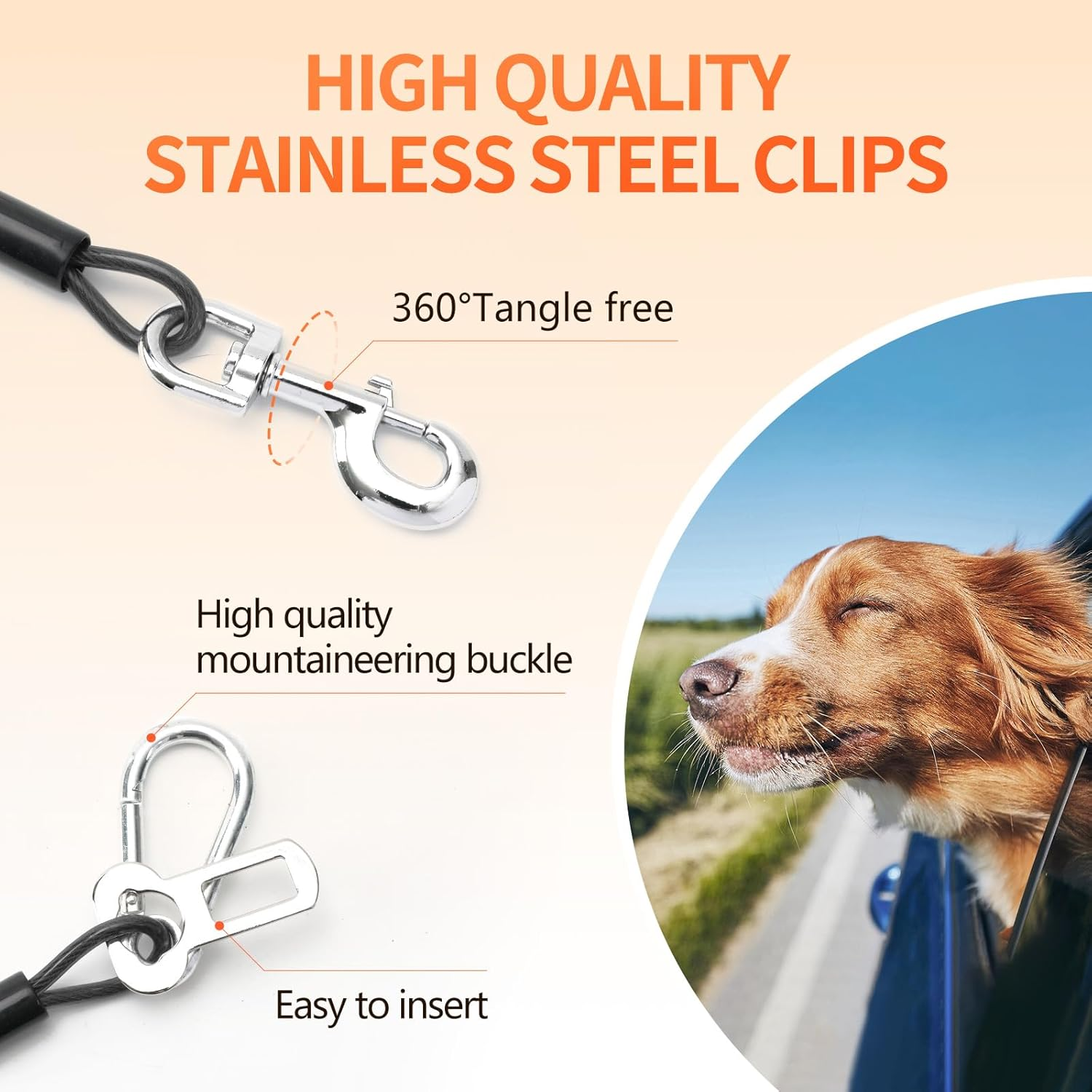 Dog Seat Belt for Car, 2Pcs Dog Car Harness of Coated Wire Leash, Double Clip Dog Seatbelt Safety Restraint, Chew Proof Dog Tether Cable for Car, 24Inch, Black image number 3