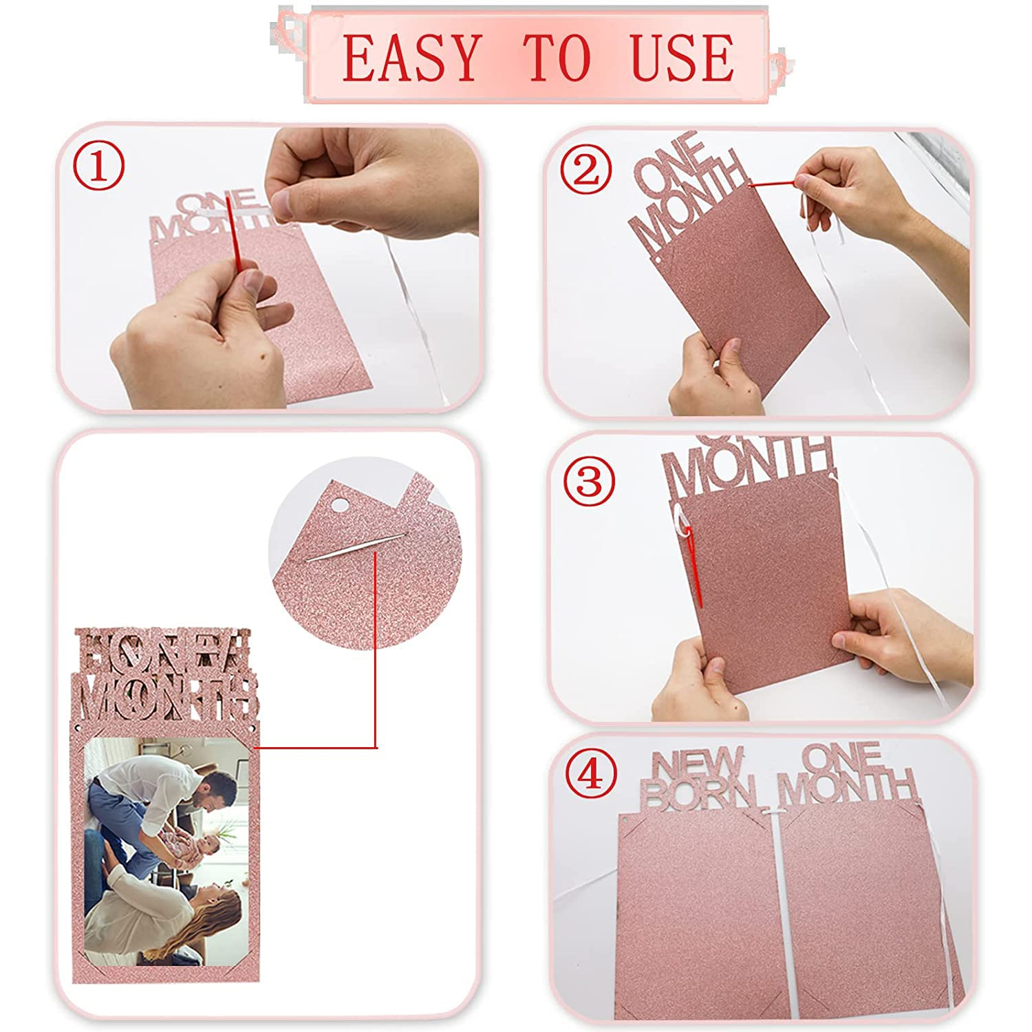 1St Birthday Photo Banner for Baby from Newborn to 12 Months, First Birthday Decorations for Girl Boy Monthly Milestones Garland (Rose Gold) image number 2