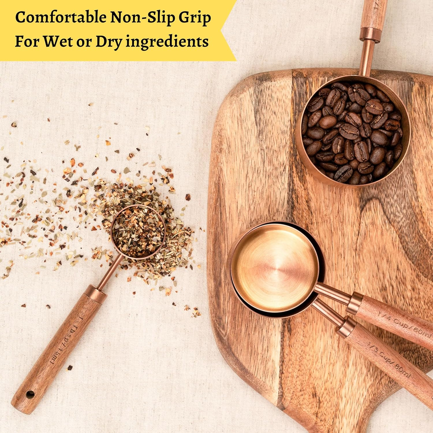 Copper Stainless Steel Measuring Cups and Spoons Set of 8, Wooden Handle with US Measurements, Metric Cups and Spoons for Cooking and Baking image number 1