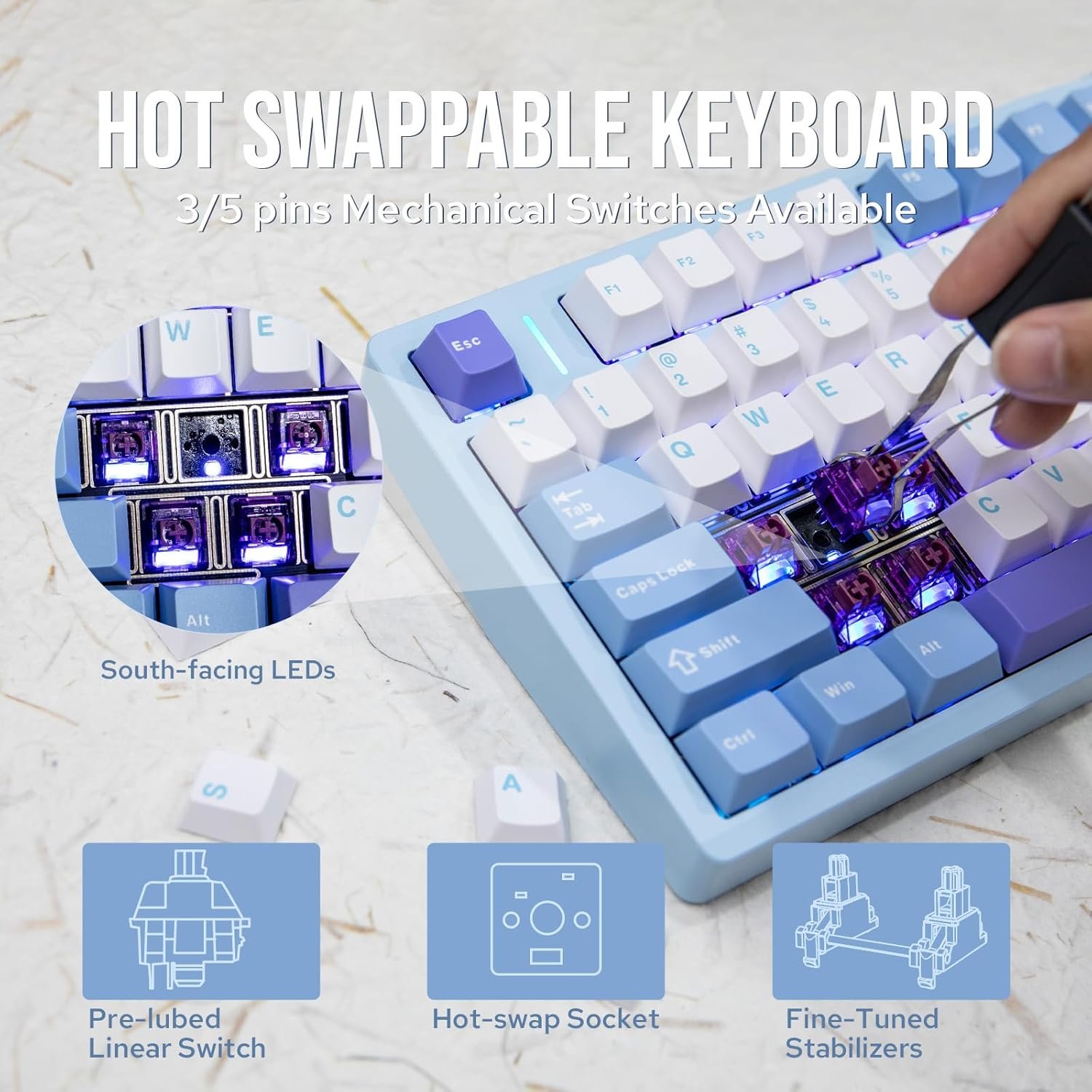 EPOMAKER Aula M75 Wireless Gaming Keyboard with 8000Mah Battery, 75% CNC Aluminum Mechanical Keyboard, Hot Swappable Creamy Keyboard, RGB Backlight, NKRO for Games/Office (Blue&White&Purple) image number 6