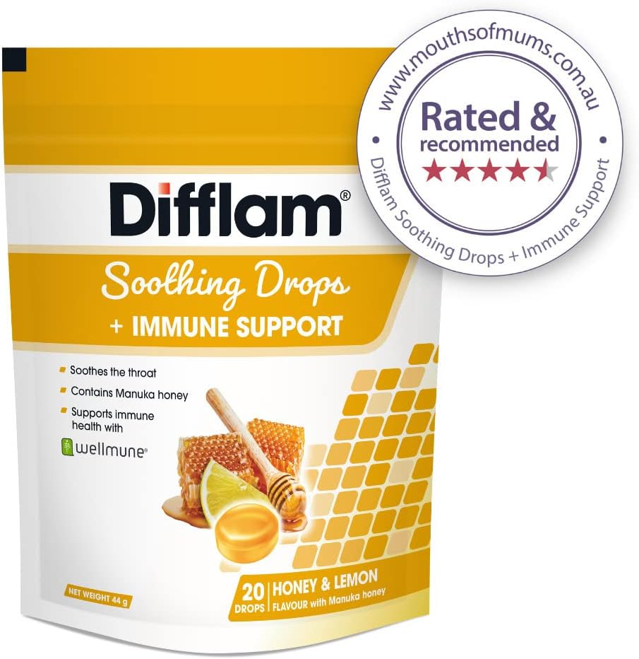 Difflam Soothing Drops + Immune Support 20 Pieces Pack, Honey and Lemon