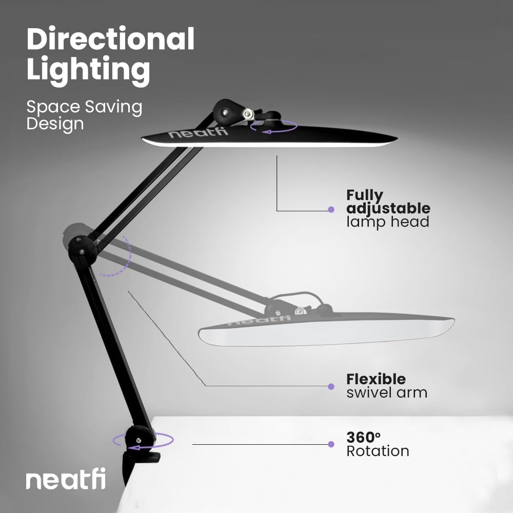 Neatfi XL LED Desk Lamp with Clamp, 2200 Lumens, 24W, 50Cm Wide Head, Dimmable 4 Brightness Levels, Task Light for Home Office, Crafts, Workbench (Non-Cct with Clamp, Black) image number 5