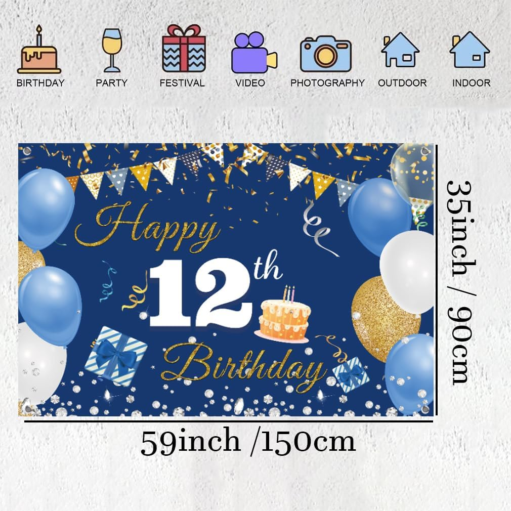 12Th Birthday Decorations Backdrop Banner for Boys/Girls Happy 12 Years Old Fabric Sign Poster, Blue Photography Background 12Th Birthday Party Supplies, 59"X35.4" image number 4