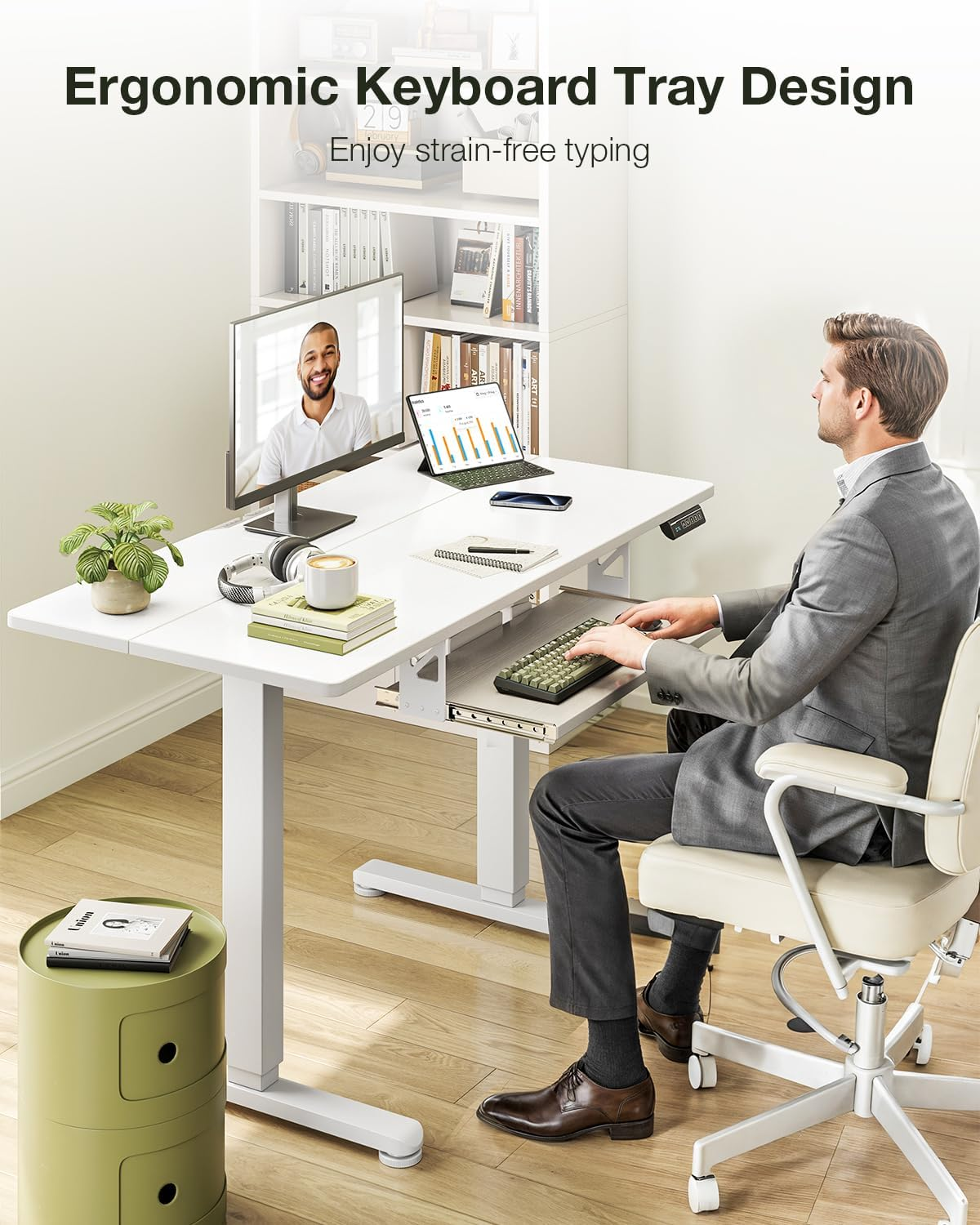 ODK Electric Standing Desk with Keyboard Tray & Memory Control,72-118Cm Height Adjustable Sit Stand Desk,Ergonomic Computer Desk for Home Office,100 * 50Cm,White image number 2