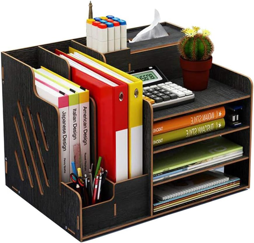 TOMVAES Wooden Desk Organizer with 3 Trays, File and Paper Organizer, Office Supplies Tray and Pen Holder for School Home (Black) image number 1