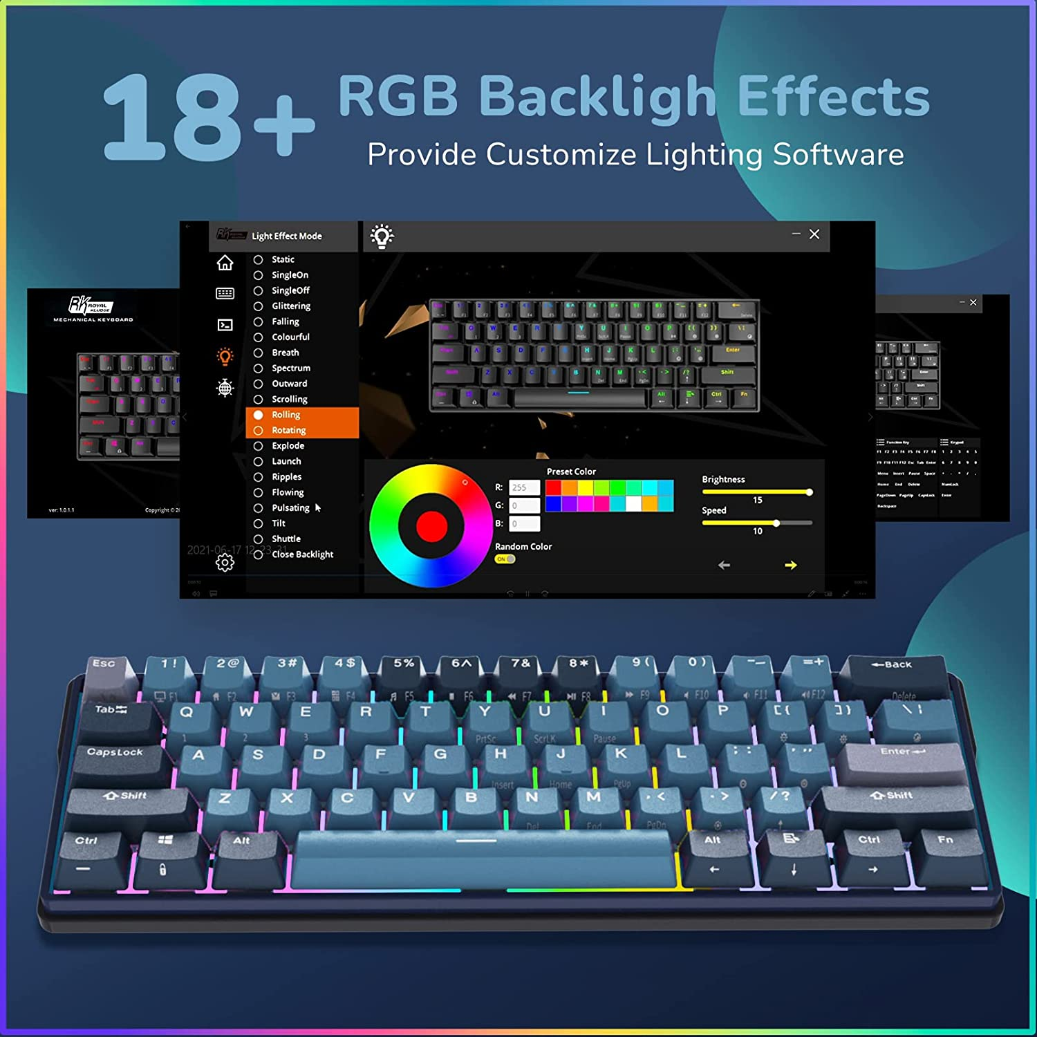 RK ROYAL KLUDGE RK61 plus Wireless Mechanical Keyboard, 60% RGB Gaming Keyboard with USB Hub, Hot Swappable Computer PC Keyboards with Bluetooth/2.4G/Wired Modes, Silver Switches,Blue image number 3