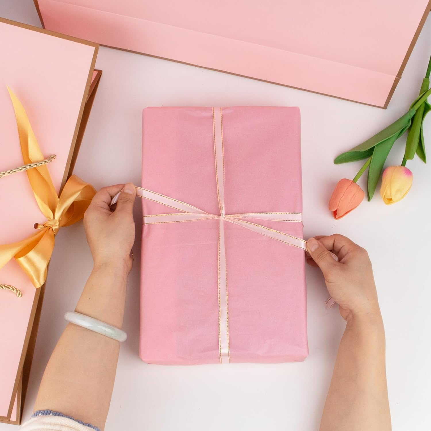 Oundarm 3 Pack 43 X 32 X 14CM Extra Large Bow Pink Gold Gift Bags with Greeting Cards＆Tissue Paper, Large Gift Bags for Presents with Handles for Mothers Day Valentines Day Bridesmaid Wedding Birthday image number 4