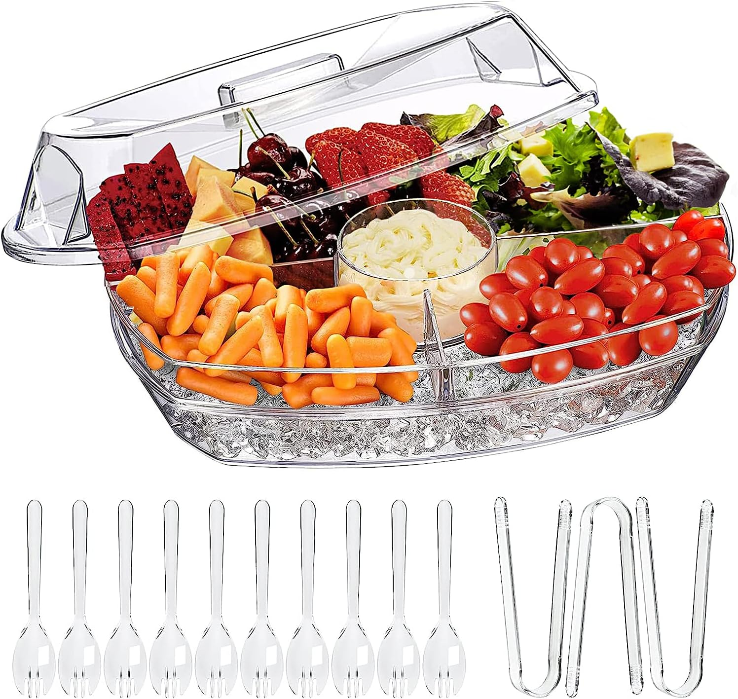Divided Serving Tray with Lid, Large Serving Platter on Ice Serving Trays for Party with 3 Compartments and Dipping Bowl, Veggie, Fruit, Cheese, Salad, Sushi, Appetizer Trays for Serving Food image number 3