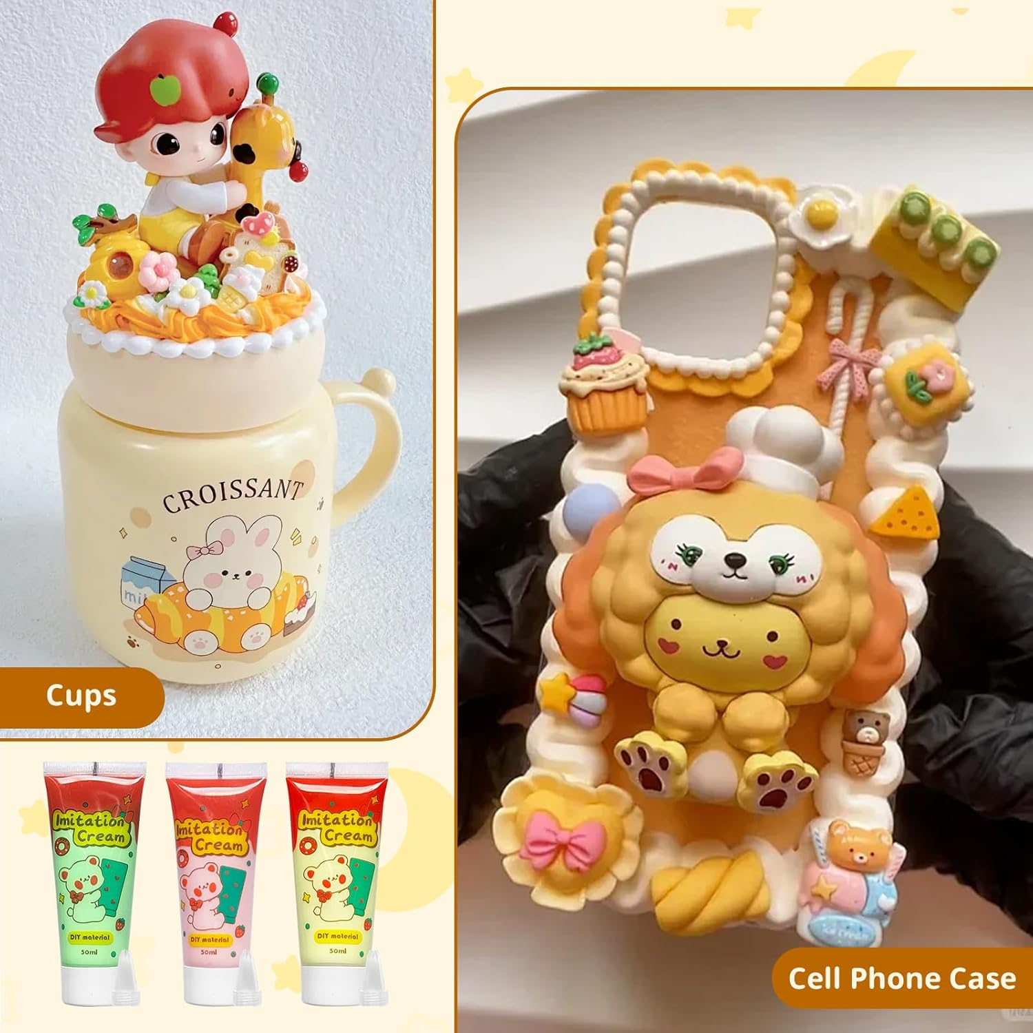 6Pcs Decoden Cream Kit, Simulation Fake Whipped Cream Glue, Deco Cream, Comes with 4 Packs of Resin Decorations and 6 Nozzles, Very Suitable for DIY Crafts and Decoration(1.69Z) image number 5