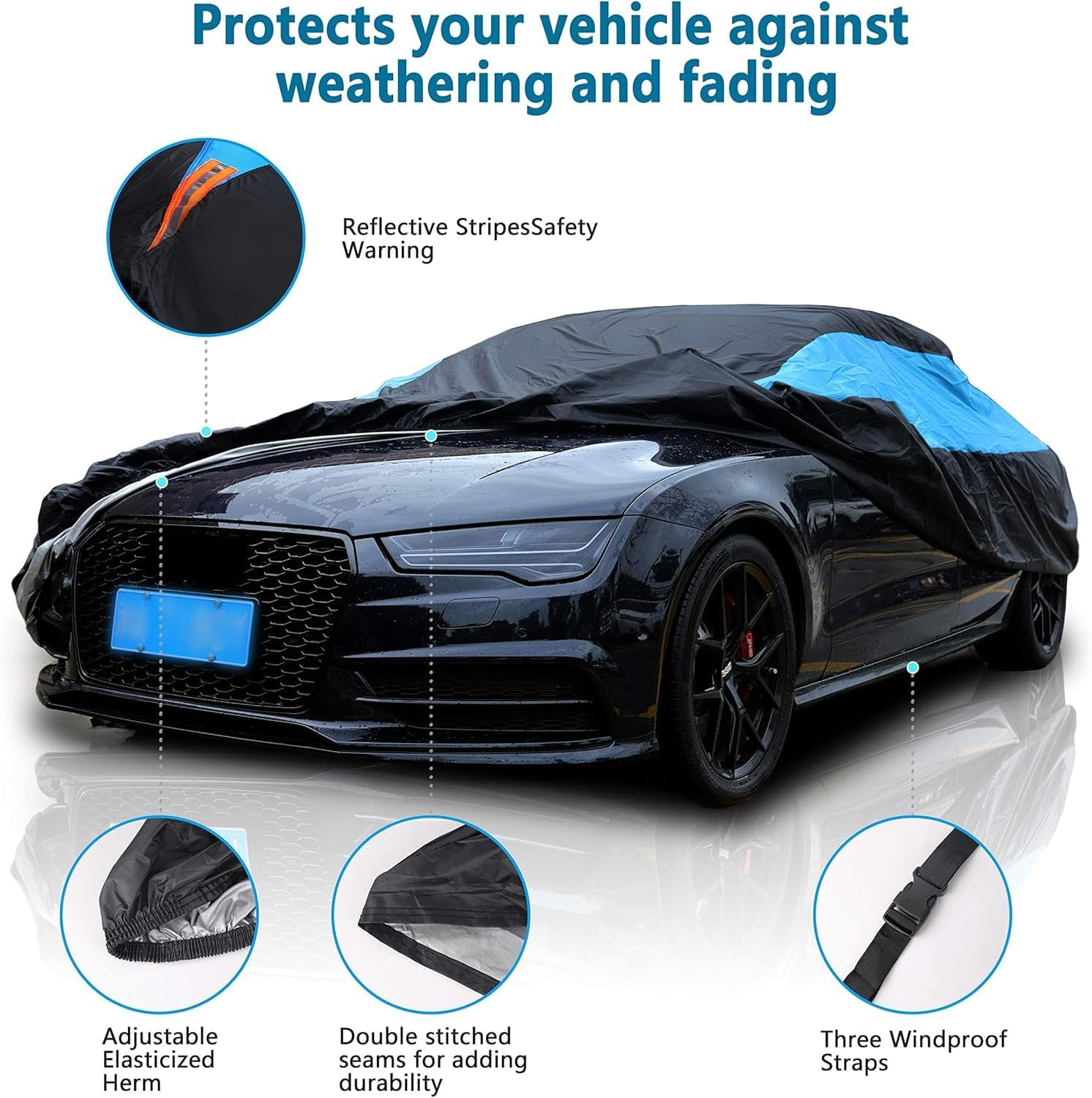 Waterproof Car Cover, All-Weather Snow Proof, UV Proof, Windproof Outdoor Full Car Cover, Suitable for Sedans, SUV, Pickup Truck (Suitable for Vehicle Length 5.1-5.3 Meters, Blue) image number 5