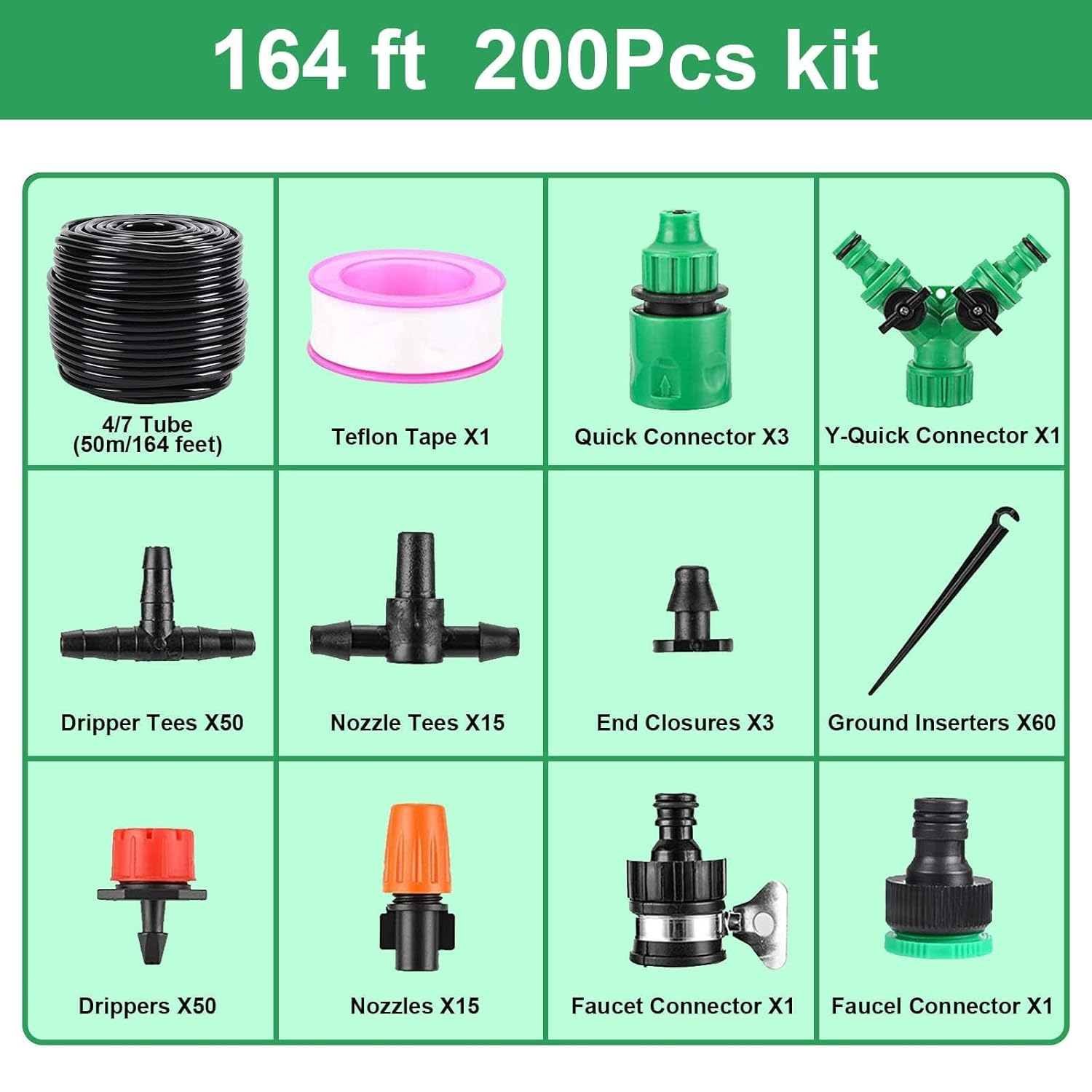 Garden Drip Irrigation Kit, 164FT/50M Greenhouse Micro Automatic Drip Irrigation System Kit with 1/4 Inch 1/2 Inch Blank Distribution Tubing Hose Adjustable Patio Misting Nozzle Emitters Sprinkler image number 6