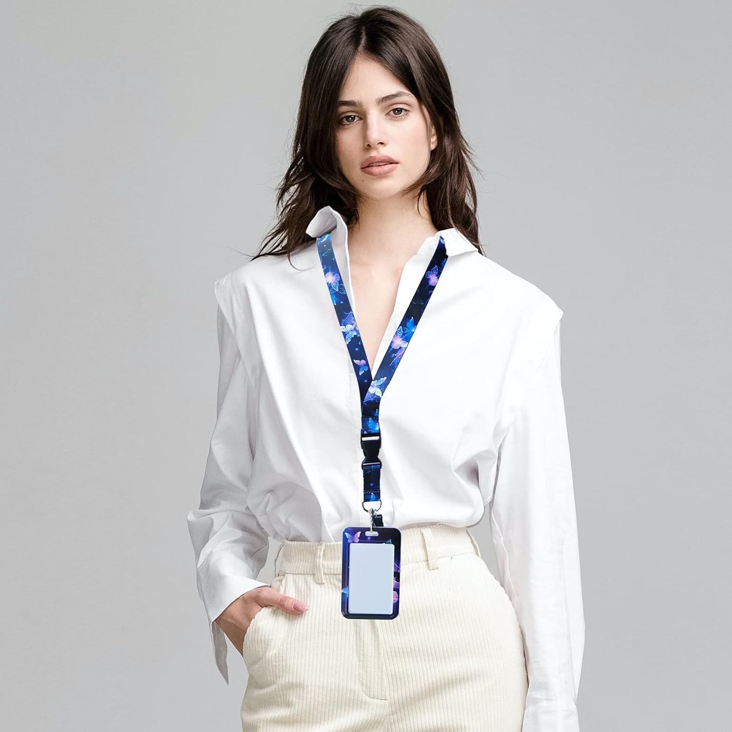 Purple Butterfly Retractable ID Badge Holder with Detachable Lanyard, Fashionable Badge Reel Heavy Duty with Carabiner Clip Lanyards for Keys USB Nurse Medical Student Teacher Office Women Men Gifts image number 1