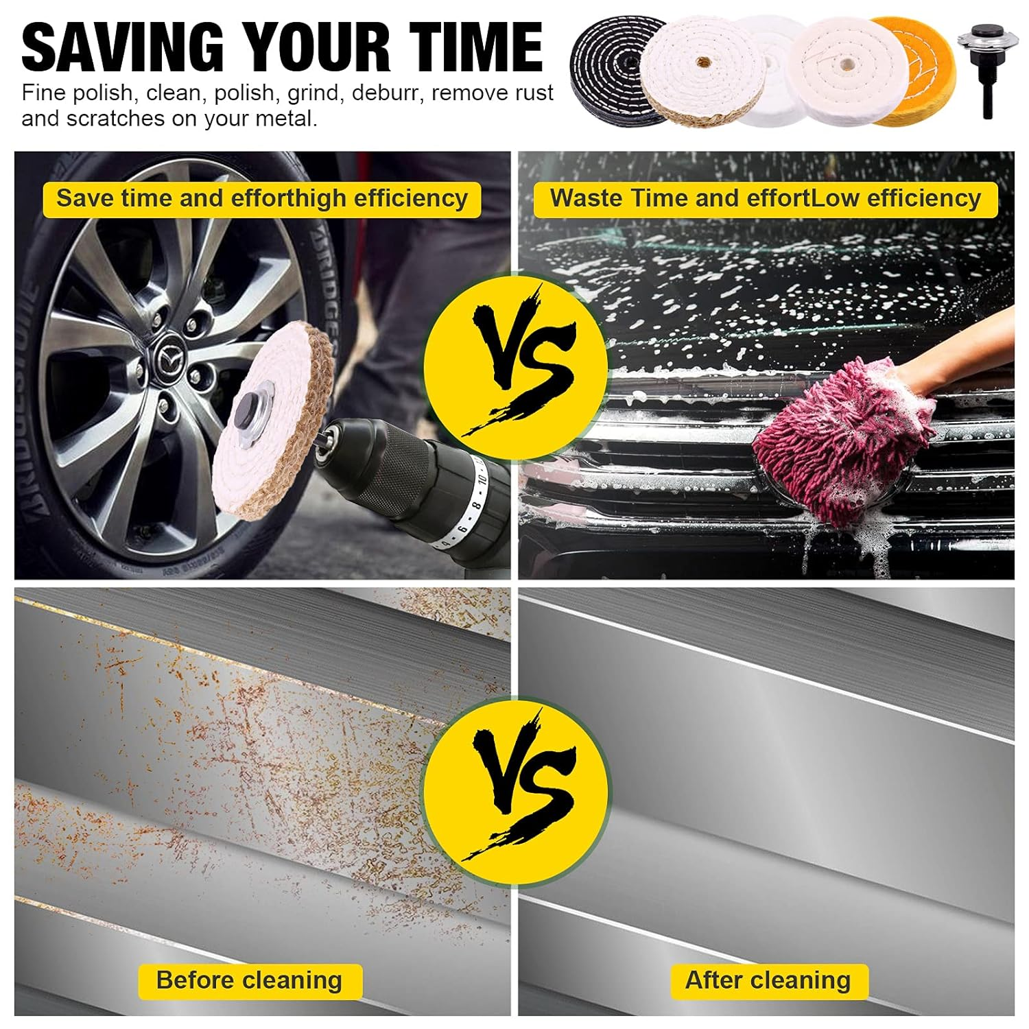 9Pcs 4'' Buffing Polishing Wheels Set Including Yellow(36Ply)/White(50Ply)/ Flannel(30Ply)/ Denim/Sisal Wheel with 1/2" Arbor Hole 3Pcs Compound and 1/4" Handle for Polishing image number 4