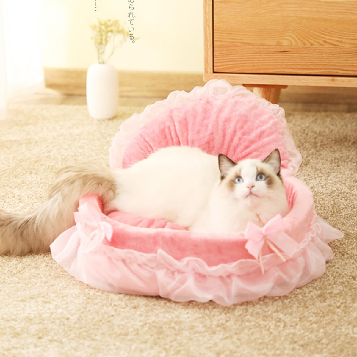 AIMALL Soft Princess Pet Bed with Lace Design and Removable Cushion for Cats and Small Dogs Anti-Slip Bottom 18.9 Inches Diameter - Blue image number 7