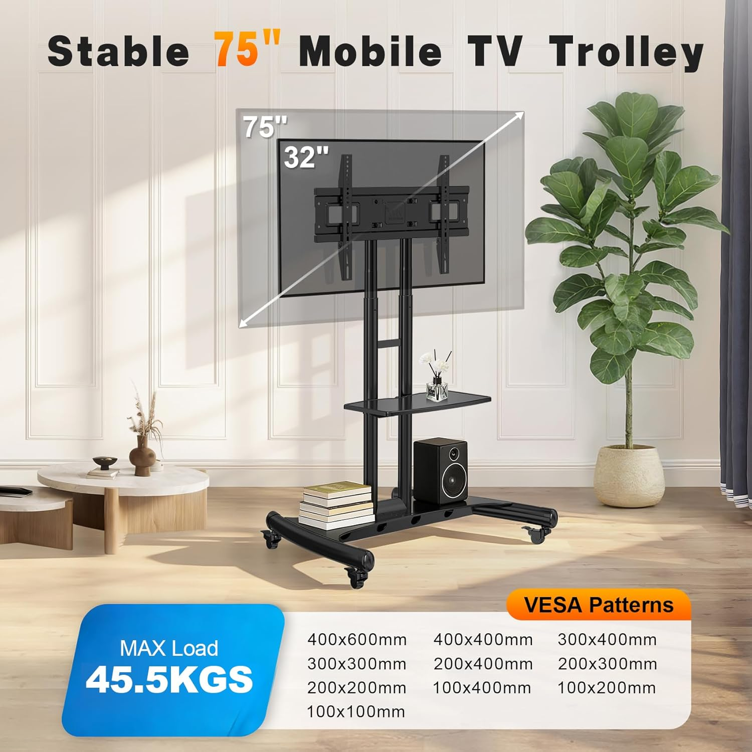 NB North Bayou TV Floor Stand with Wheels, Universal Rolling TV Cart with Storage Shelf - Height Adjustable TV Stand Trolley for 75 65 55 40 32 Inch Tvs for Home Office, Max Load 45.5KGS image number 3
