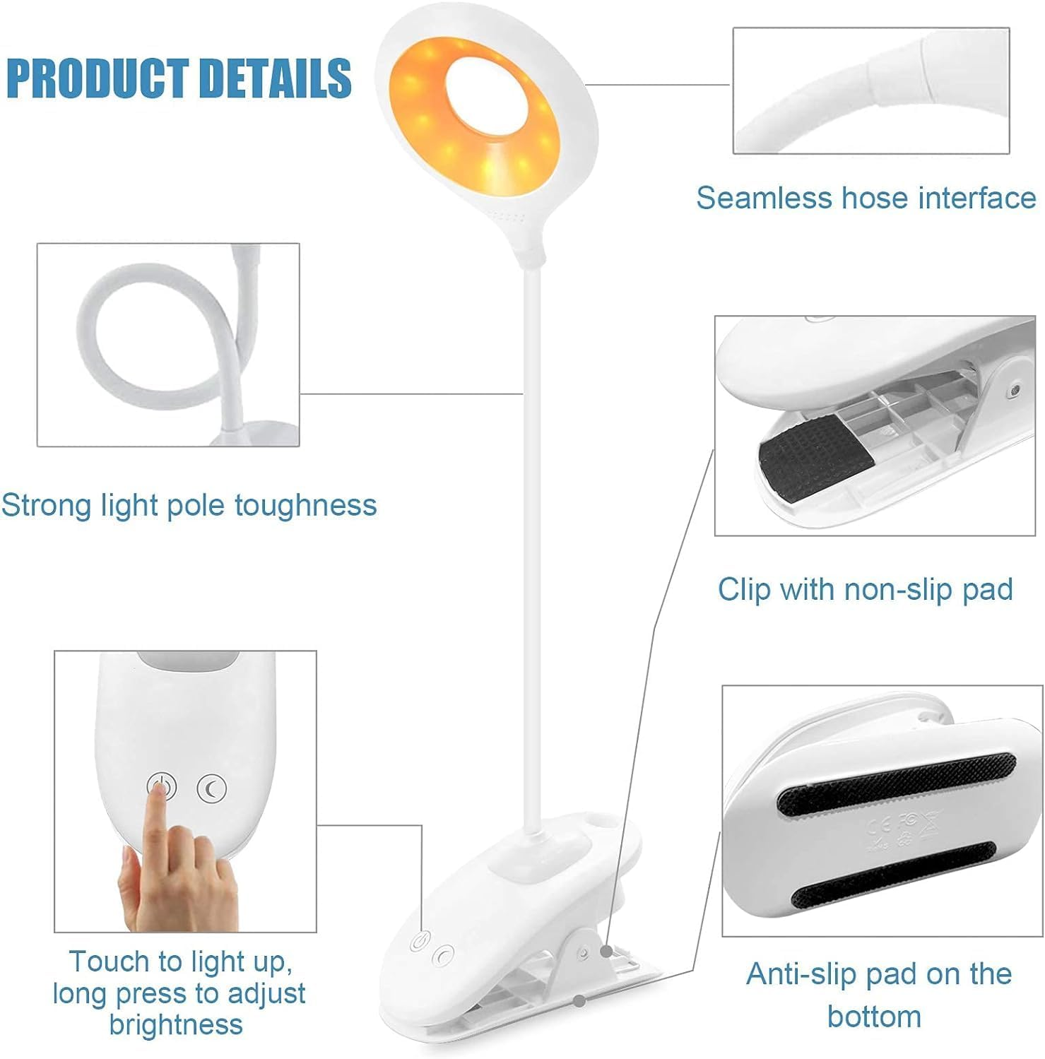 Clip on Reading Light 28 Leds Eye Protect Book Light USB Rechargeable Clamp Lamp 3 Colours & Touch Sensor Control with Night Light Dimmable Clamp Desk Lamp image number 6
