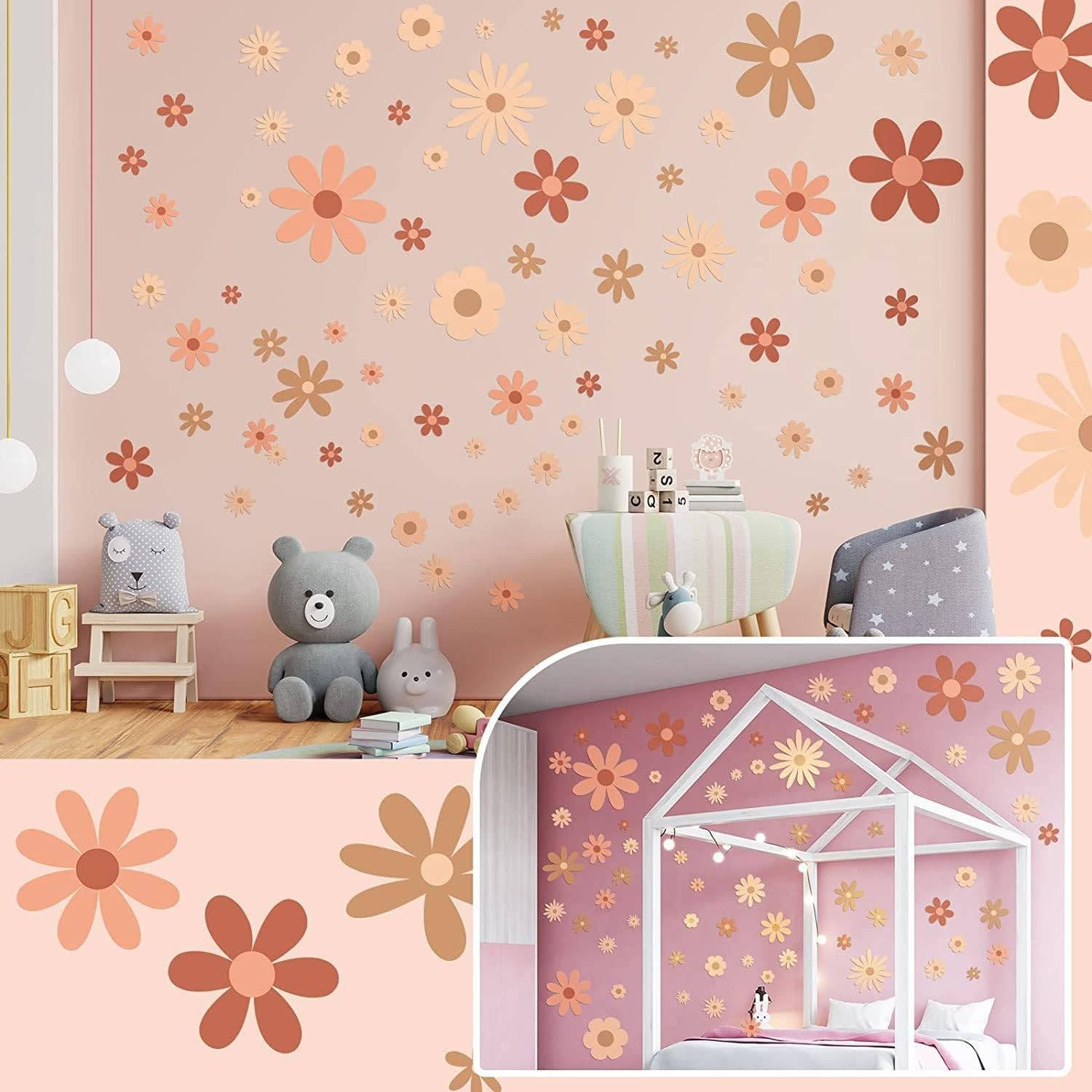 Daisy Wall Decals Boho Flower Wall Sstickers Baby Nursery Kids Room Girls Bedroom Wall Window Decor (Boho Colour) image number 2