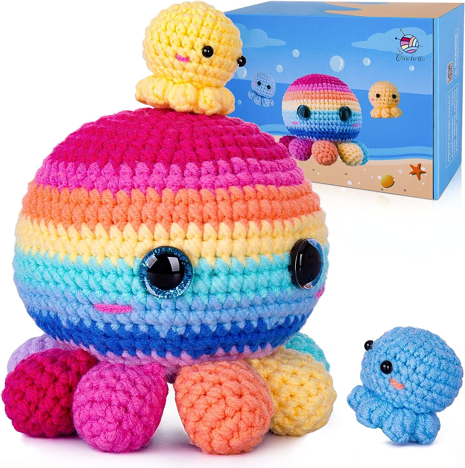 Crochetta Crochet Kit for Beginners, Crochet Kit Step-By-Step Video Tutorials, Crochet Starter Kit Learn to Crochet Kits for Adults Kids Beginners, Jumbo 3 Colorful Octopus Familly (40%+ Yarn Content)