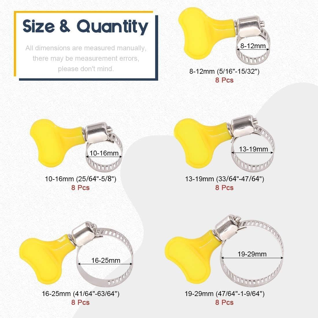 40 Pcs 8-29Mm/0.31-1.14 In, Stainless Steel Clamps with Plastic Handle, Keyed Stainless Steel Worm Gear Hose Clamps with Plastic Handle for Pipe, Tube, Automotive and Machinery Applications