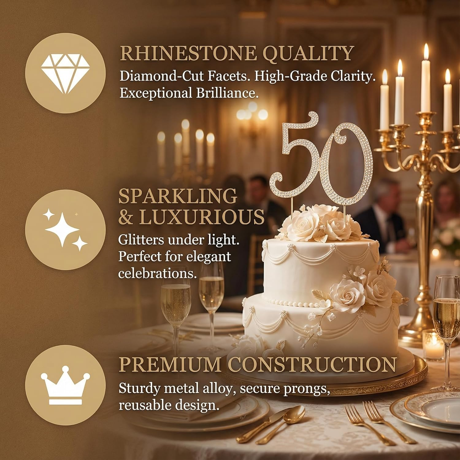 Toddmomy 50 Gold 50Th Anniversary Bling Rhinestone 50Th Birthday Crystal Cake Decoration image number 3