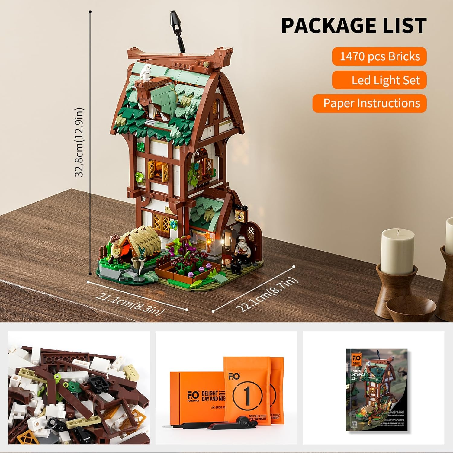 FUNWHOLE Medieval Apothecary Shop Lighting Building Bricks Set - Compatible with Standard Bricks Medieval Series House Collectible Display 1470 Pcs for Adults and Teen image number 1