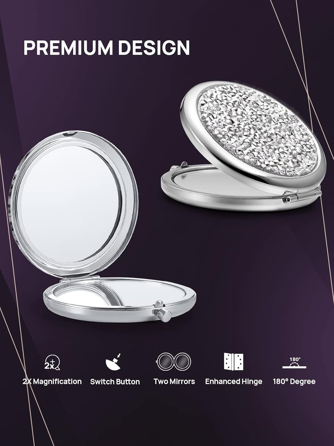 OMIRO Compact Mirror, Mini Mix Diamond 1X/2X Magnifying round Metal Pocket Makeup Mirror (Silver) image number 6