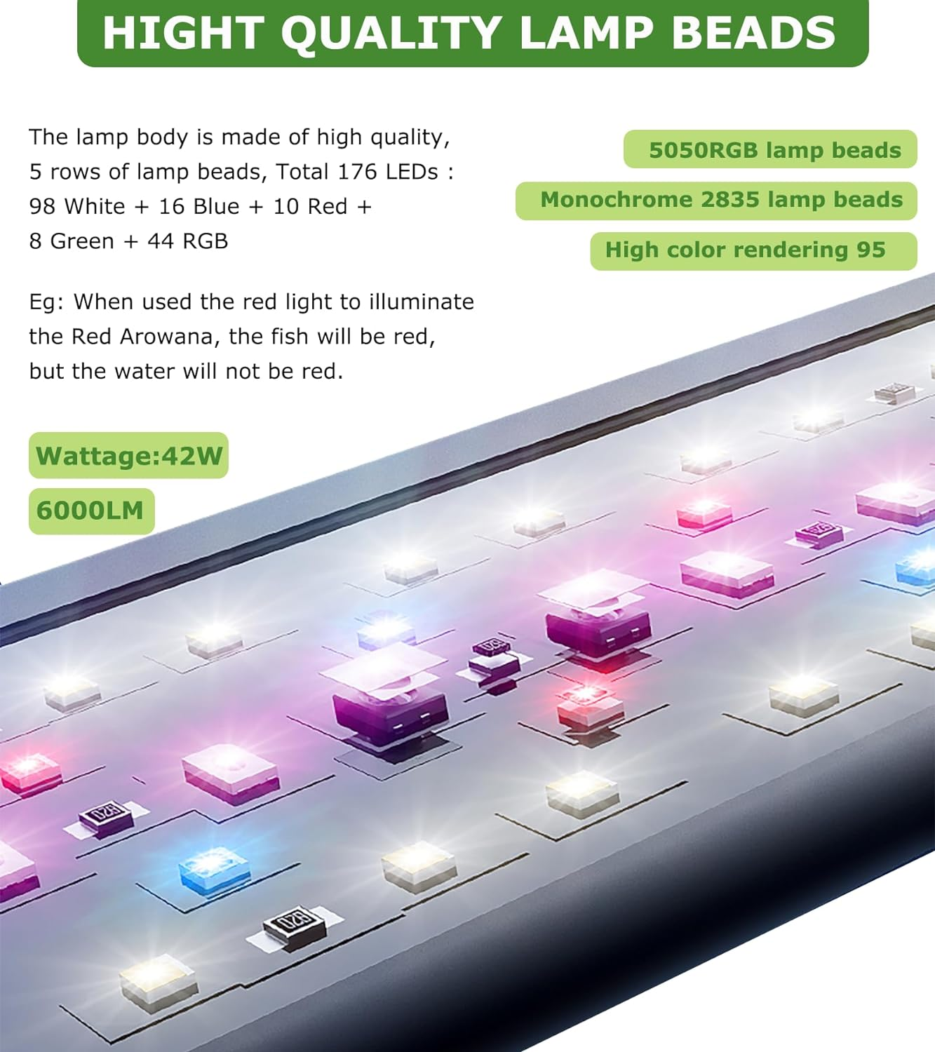 Zingbabu Led Aquarium Light,90-110Cm 42W WRGB Full Spectrum Fish Tank Light, Reef Tank Light with Timer, Brightness Dimmable, Alu Alloy Shell Extendable Brackets Aquarium Lamp image number 4