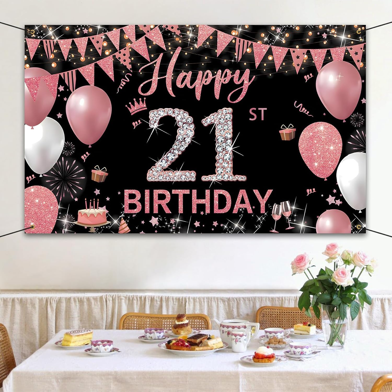 Happy Birthday Banner, 21St Birthday Decorations Backdrop, Extra Large Black Pink Party Decorations, Perfect Birthday Party Supplies Photography Background for Boys, and Grils, 180X110Cm - Pink 18Th image number 7
