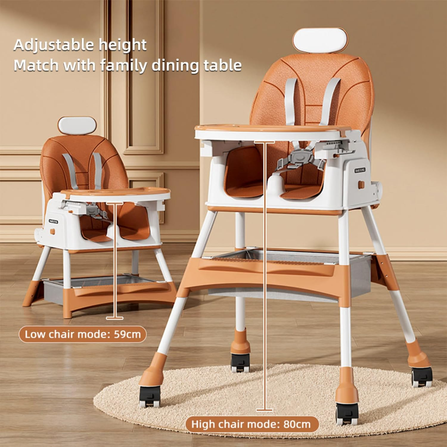 New Multifunctional Baby Highchair with 4 Wheels | Infant/Toddler Dining Chair Adjustable Highchair | Multi-Gear Tray, Removable Seat Cushion & 5 Point Harness, Portable High Chair (Brown) - Beige image number 6