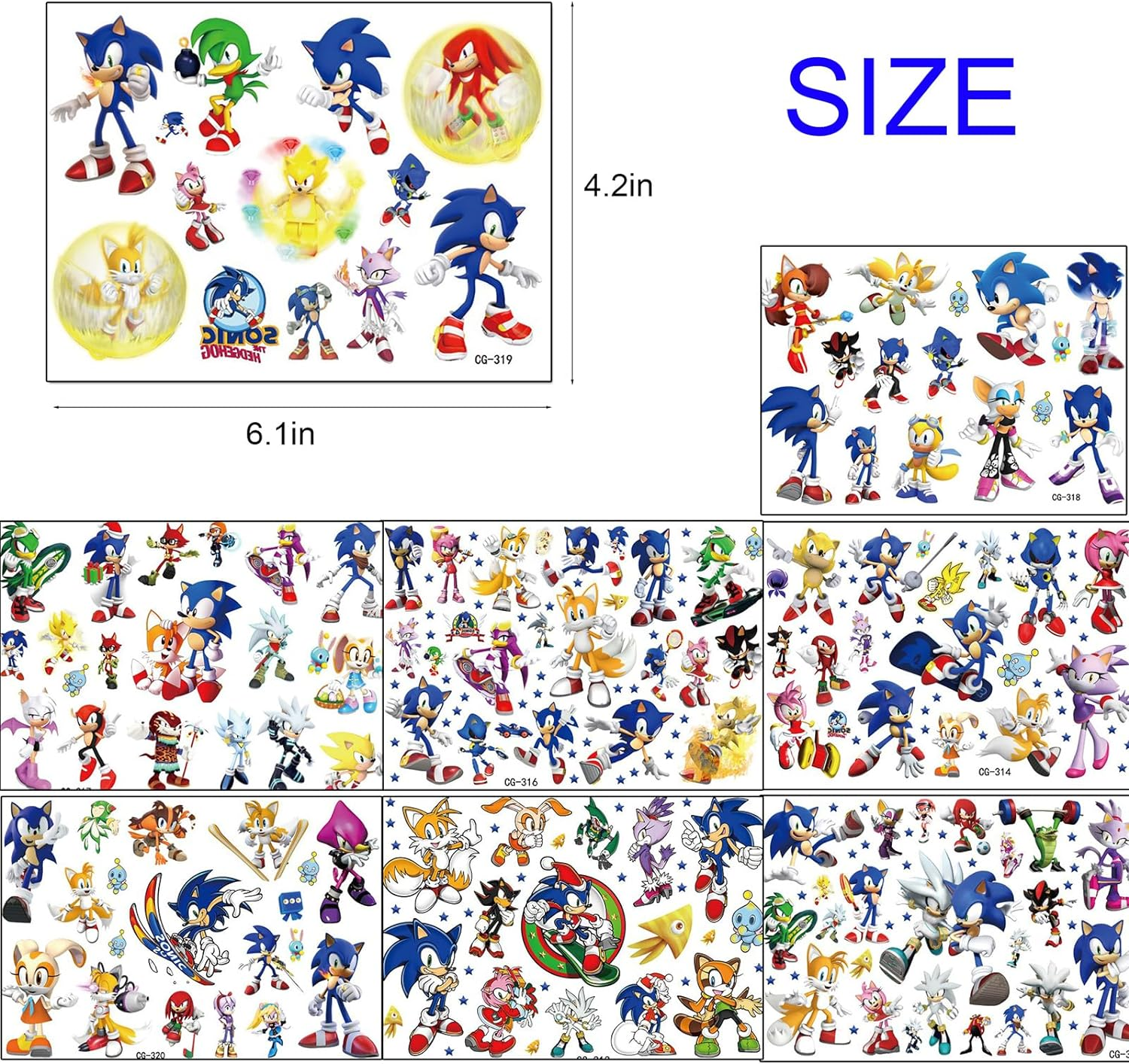 Sonic Temporary Tattoo, 8 Sheets Cute Temporary Tattoos for Kids, Birthday Party Supplies Cartoon Fake Tattoos Stickers Party Favors for Kids Boys Girls image number 2