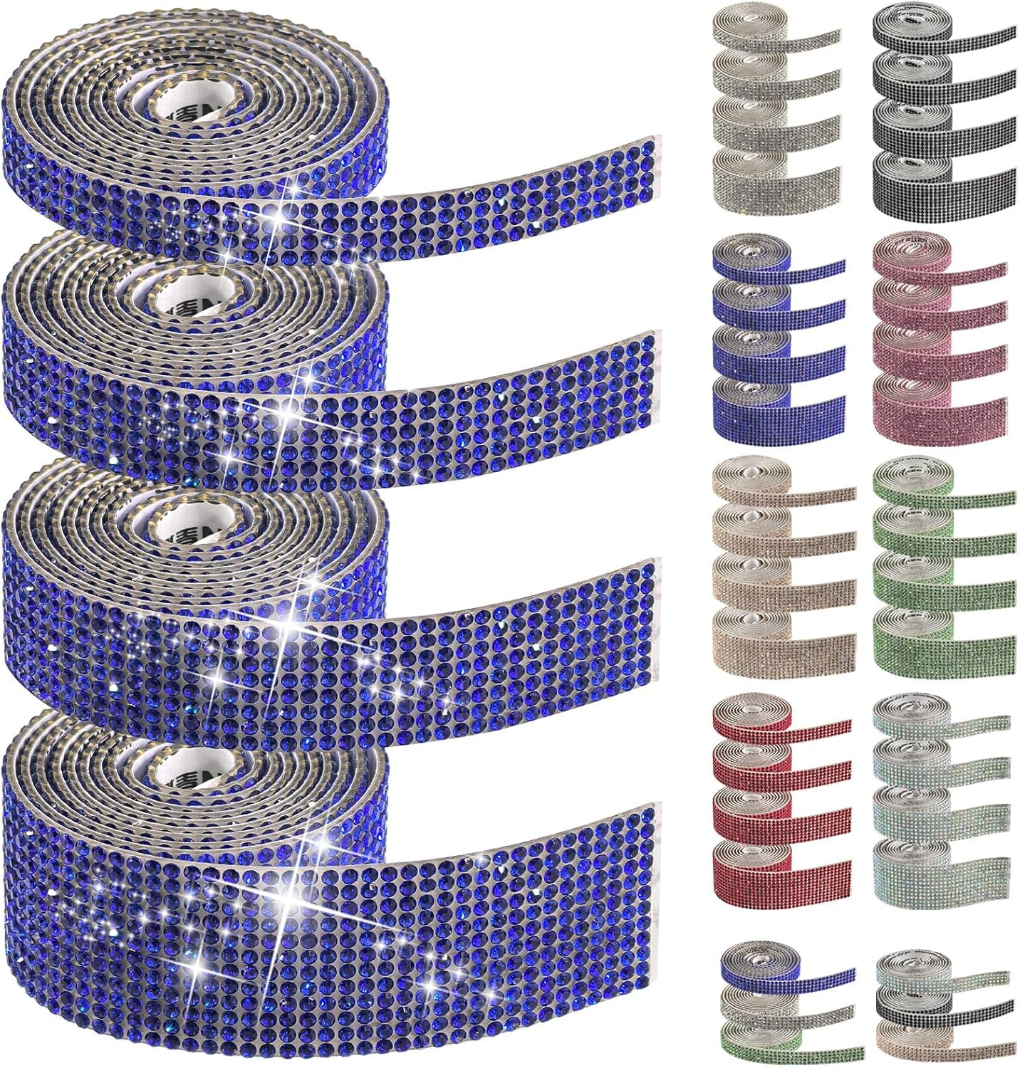Swpeet 4 Rolls 4 Sizes Royal Blue Self Adhesive Rhinestone Ribbons Strips, Bling Crystal Rhinestone Diamond Ribbons Stickers, Rhinestone Tape Wrap, Diamond Rhinestone Roll for Crafts Phone Decoration
