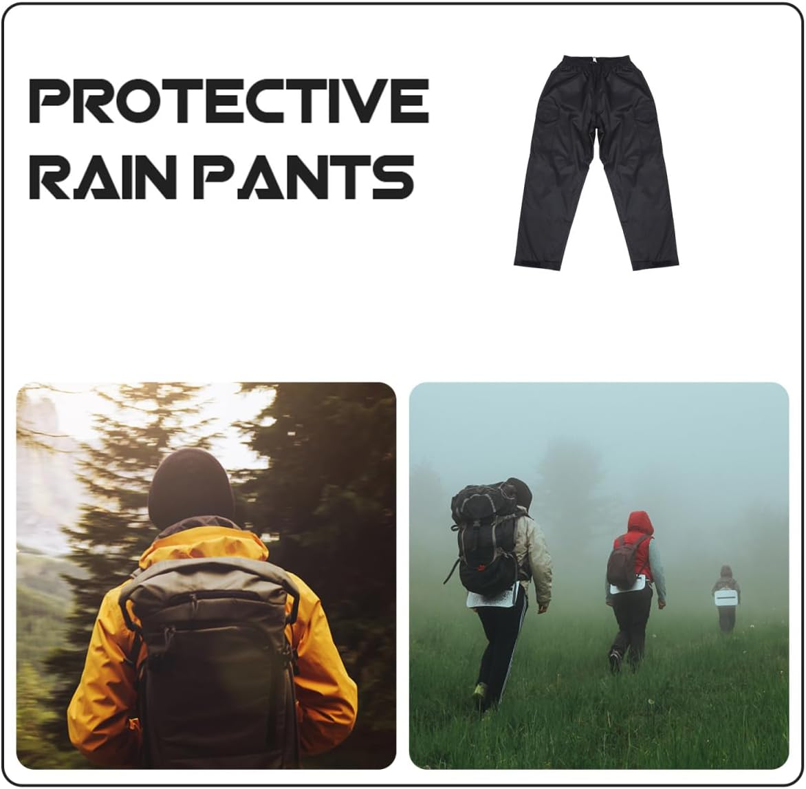 Waterproof Rain Pants for Men and Women Double-Layer Breathable Outdoor Trousers with Elastic Waistband Hiking and Travel Rainproof Pants Black
