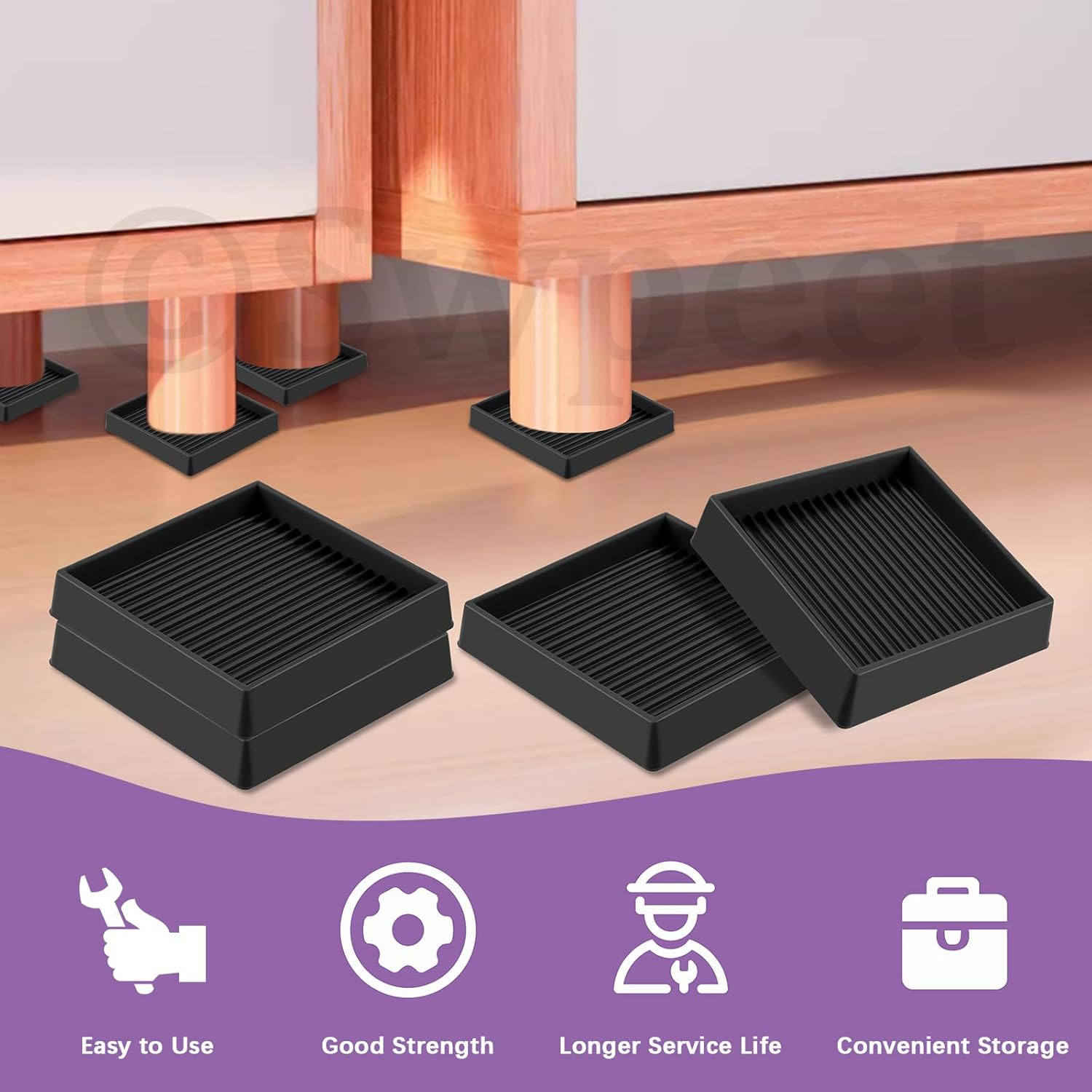 Swpeet 4Pcs 3" X 3" Square Black Rubber anti Skid Caster Cups Non Slip Furniture Pads Kit, Anti-Slip Gripper, anti Skid Furniture Feet anti Slide Floor Stoppers for Bed Couch Table Chair Stoppers image number 5