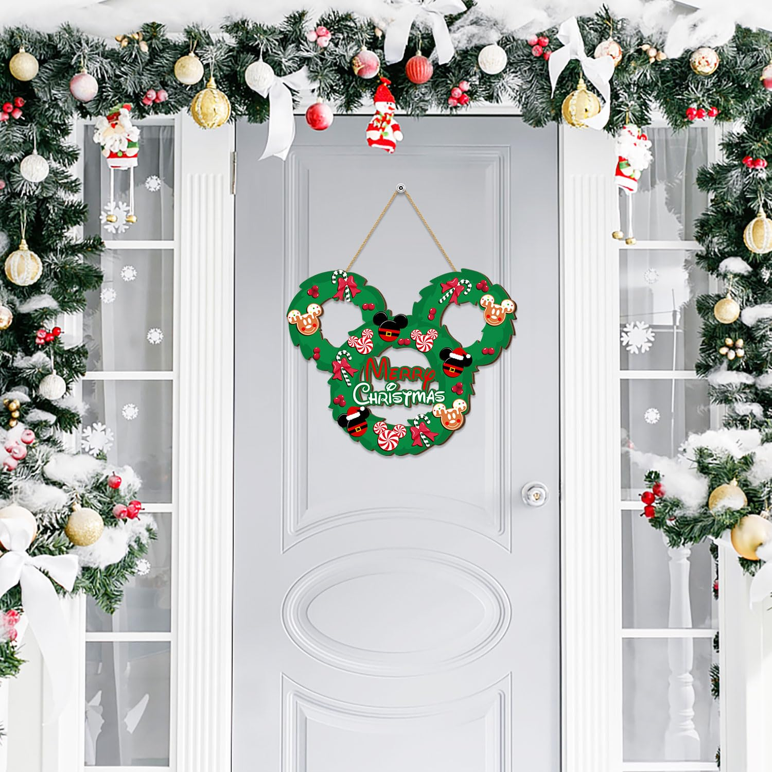 Christmas Mouse Door Sign Decorations, Merry Christmas Wooden Door Hanging Sign Wreath Ornaments for Front Door Decor Peppermint Candy Mouse Shaped Winter Wall Xmas Party Holiday Supplies Green image number 1