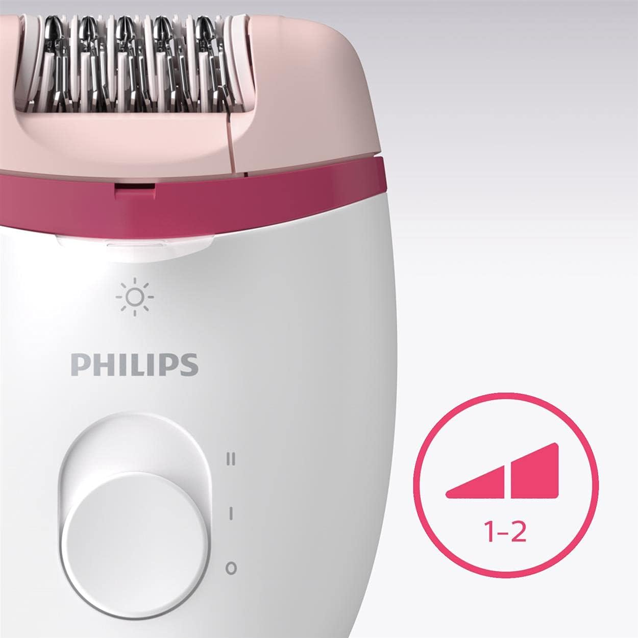 Philips Satinelle Essential Corded Compact Epilator for Legs - Includes Built-In Opti-Light, 2 Speed Settings and Travel Pouch, White/Pink, BRE255/00 image number 6