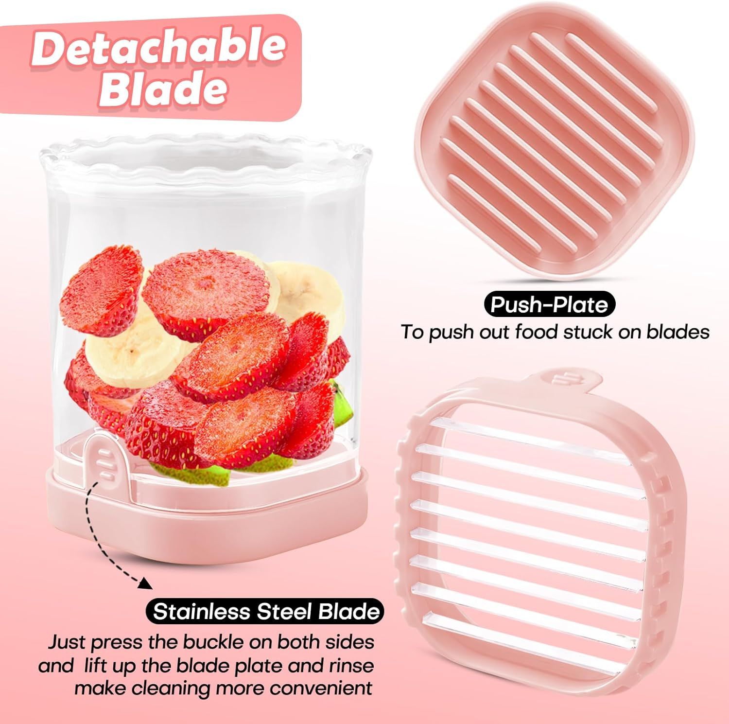 Fruit Slicer Cup | Strawberry Slicer | Banana Slicer | Grape Cutter | Egg Slicers | Detachable Fruit Cutter Slicer with Push Plate | Creative Strawberry Slicer Kitchen Gadget (Black + Pink) - 2, Black + Pink image number 4