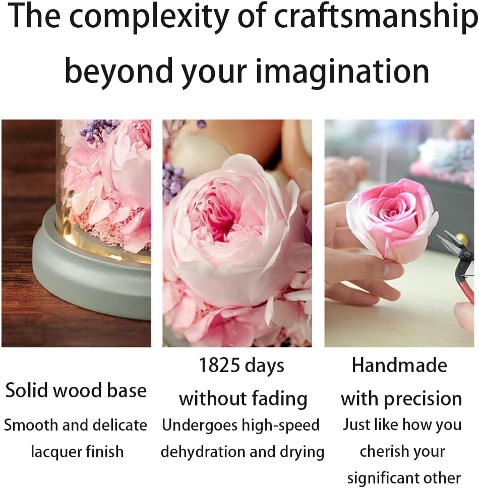 Pink Eternal Rose in Glass Dome with Moss Bear | Romantic Valentine'S Her | Long-Lasting Floral Arrangement | Home Decor with Warm Night Light (Pink) image number 3