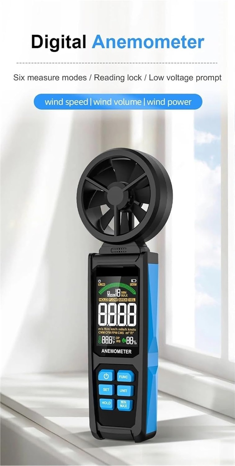 Handheld Digital Anemometer, LCD Backlight Air Wind Speed Scale, Accurately Measure Wind Speed & Temperature Measure image number 3