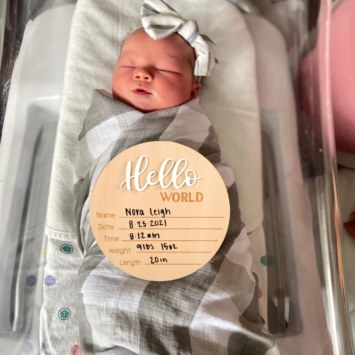 2Pcs Newborn Baby Announcement Sign 5.9 Inch Personalized Wooden Baby Birth Sign Gender Hello World Baby Welcome Arrival Prop Birth Name Date Height Weight Card for Baby Shower Birthday Gift Keepsakes image number 5