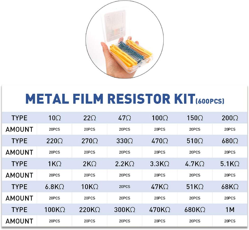 UTSAUTO 600Pcs 30 Values Metal Film Resistor Kit 1/4W 1%(100&Omega;-1M&Omega;) image number 4