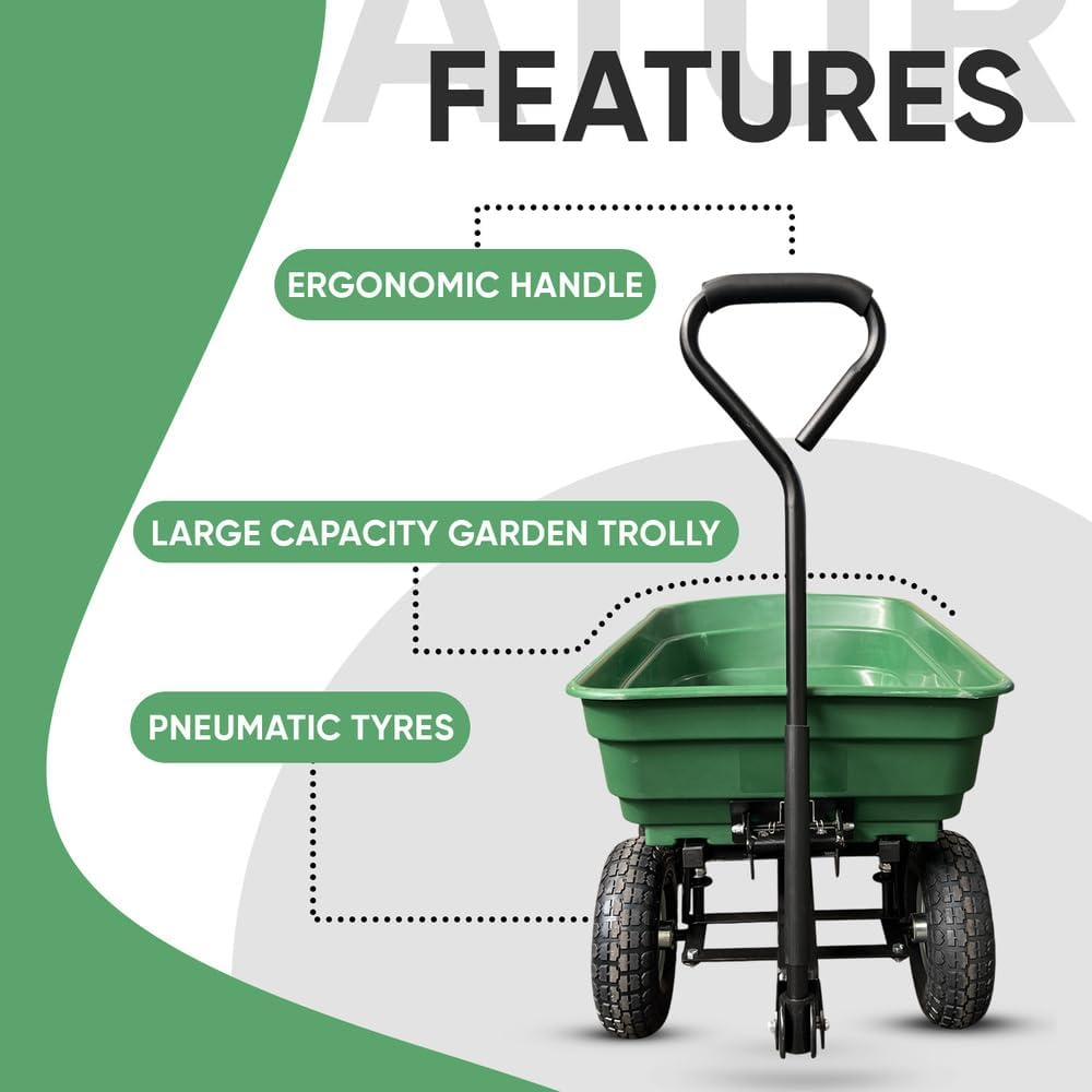 Garden Dump Cart with Heavy Duty Steel Frame,10 Inch Pneumatic Tyres Maximum Load Capacity of 250Kgs (Green), Garden Trolley Cart, Camping Wagon Cart, Beach Trolley, Beach Outdoor Cart image number 2