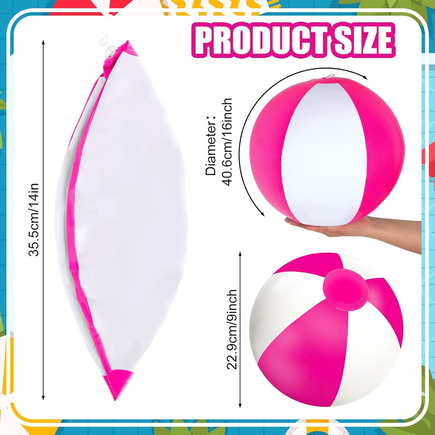 Whaline 3Pcs Inflatable Beach Ball 16'' round Pool PVC Balls Cute Game Toys for Summer Hawaiian Tropical Theme Beach Party Decor image number 2